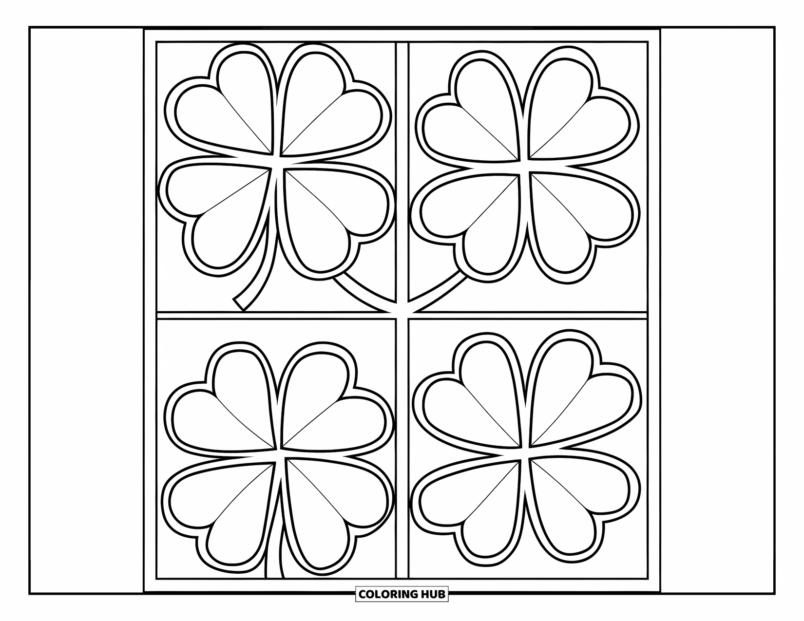 Clover Coloring Page for Kids: Four clovers sit in a square, each with a unique leaf shape