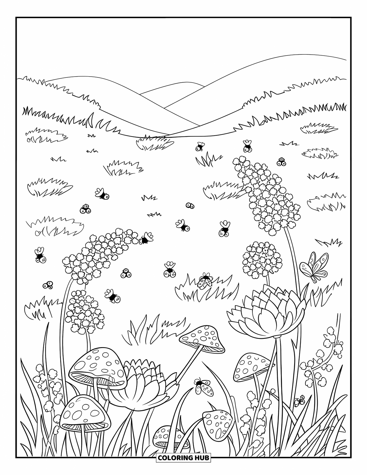 Clover Coloring Page for Kids: Ladybugs and butterflies flutter around a blooming clover field