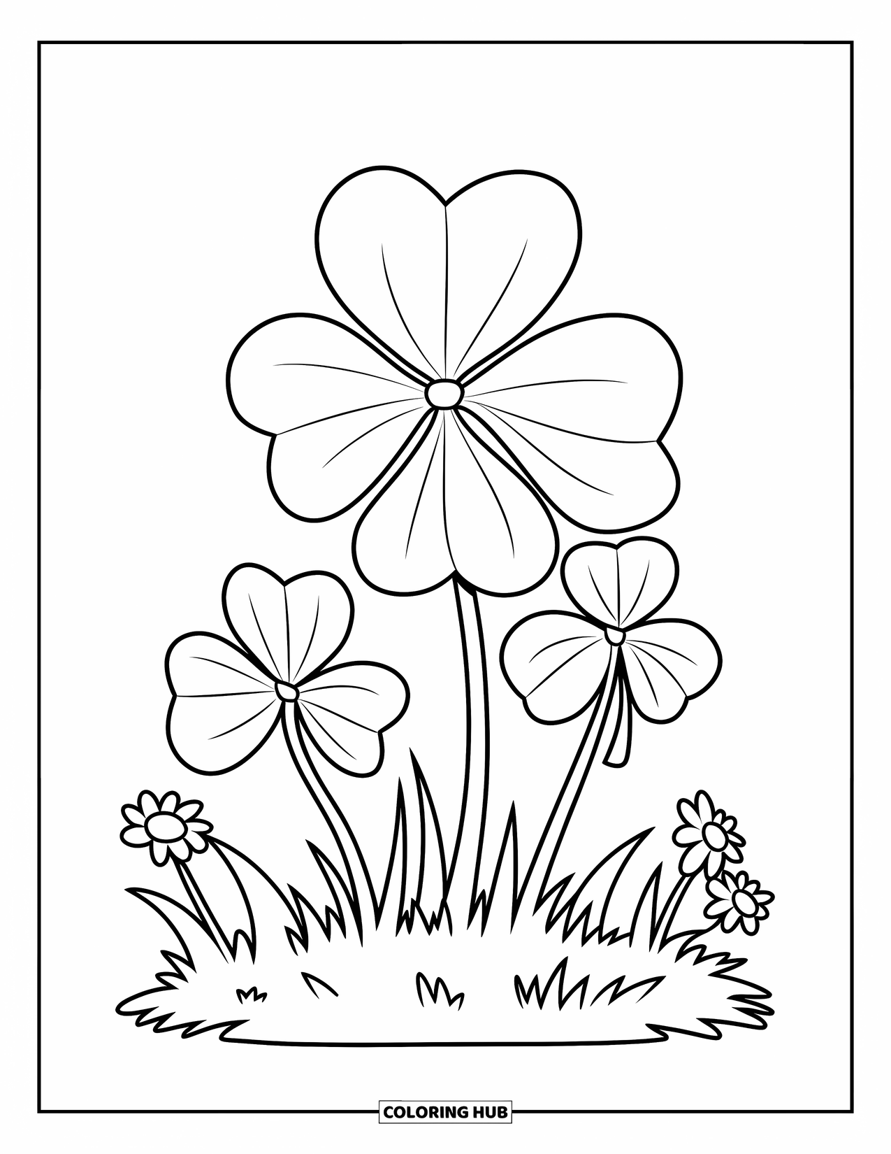 Clover Coloring Page for Kids: Three clovers grow in grassy patches with tiny daisies