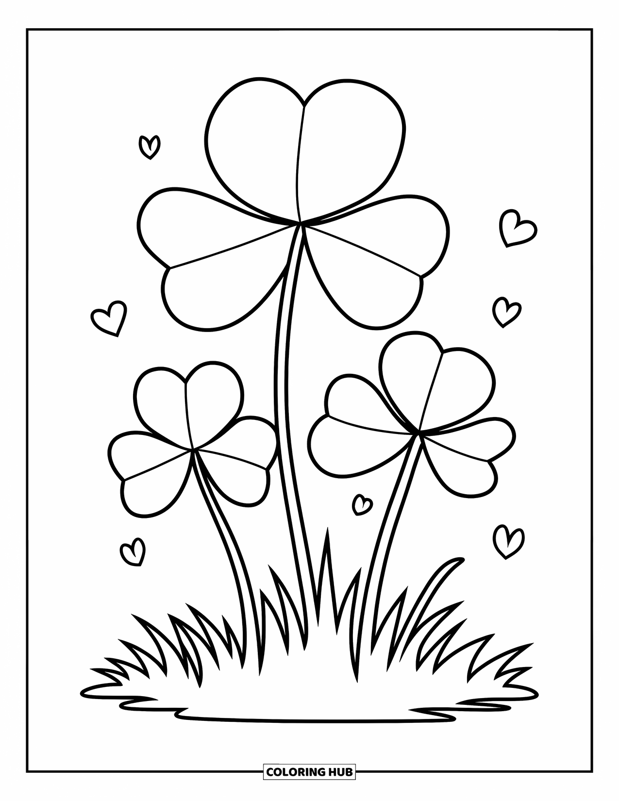 Clover Coloring Page for Kids: Three heart-leaf clovers bloom on a grassy patch with small leaves