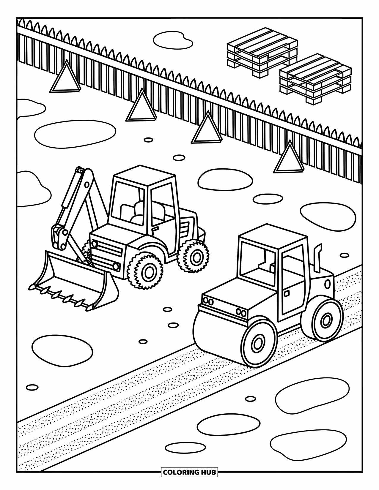 Construction Site Coloring Page for Adults: A backhoe and roller work on gravel near a fence and scattered construction signs