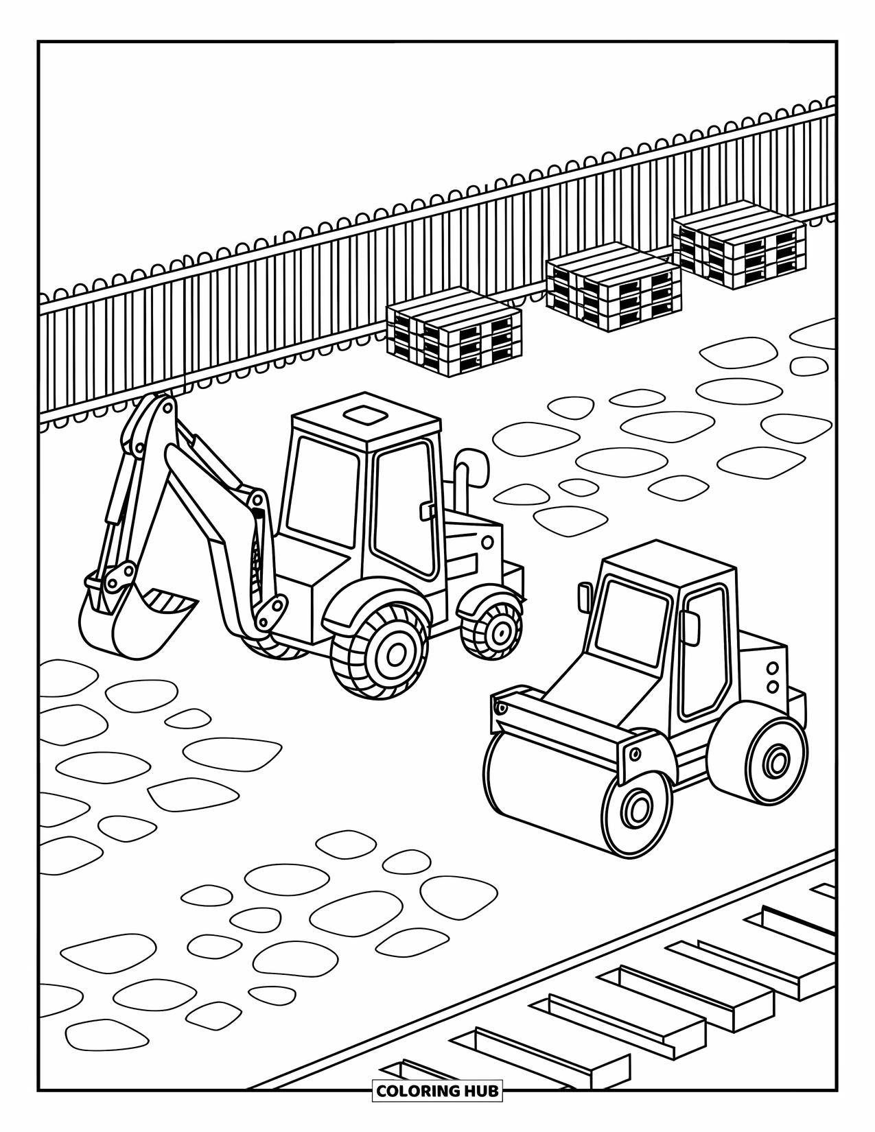 Construction Site Coloring Page for Adults: A backhoe and roller work side by side near a fence and stacked supplies