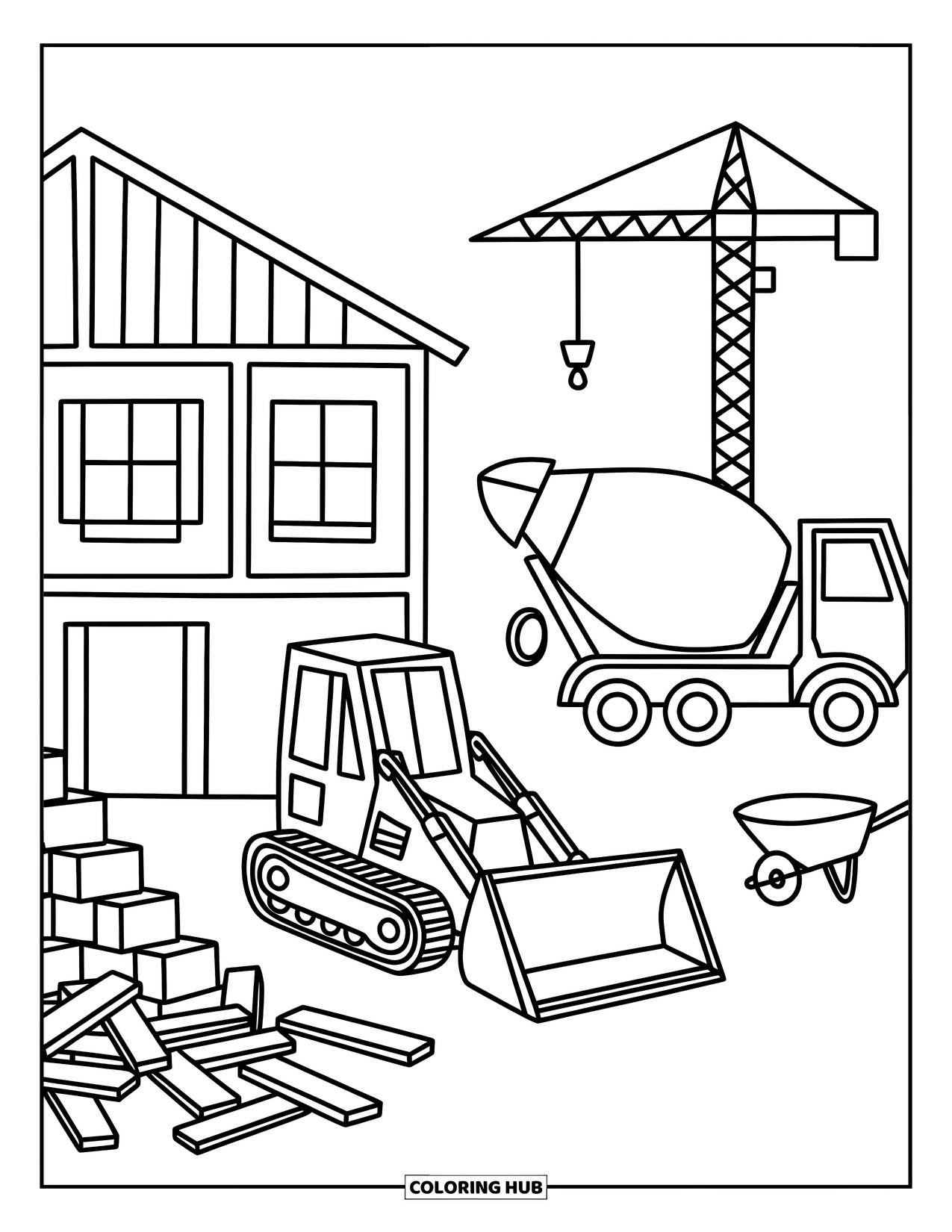 Construction Site Coloring Page for Adults: A bulldozer moves planks near a mixer and open frames in a calm setting