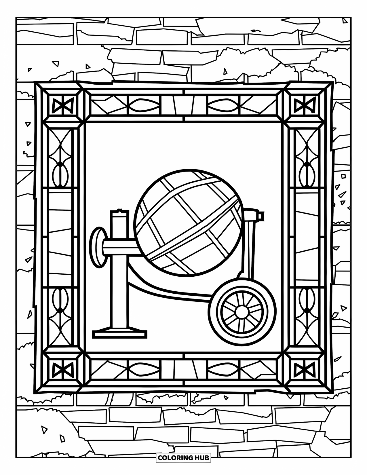 Construction Site Coloring Page for Adults: A cement mixer sits inside stained glass framed with bricks and pipes
