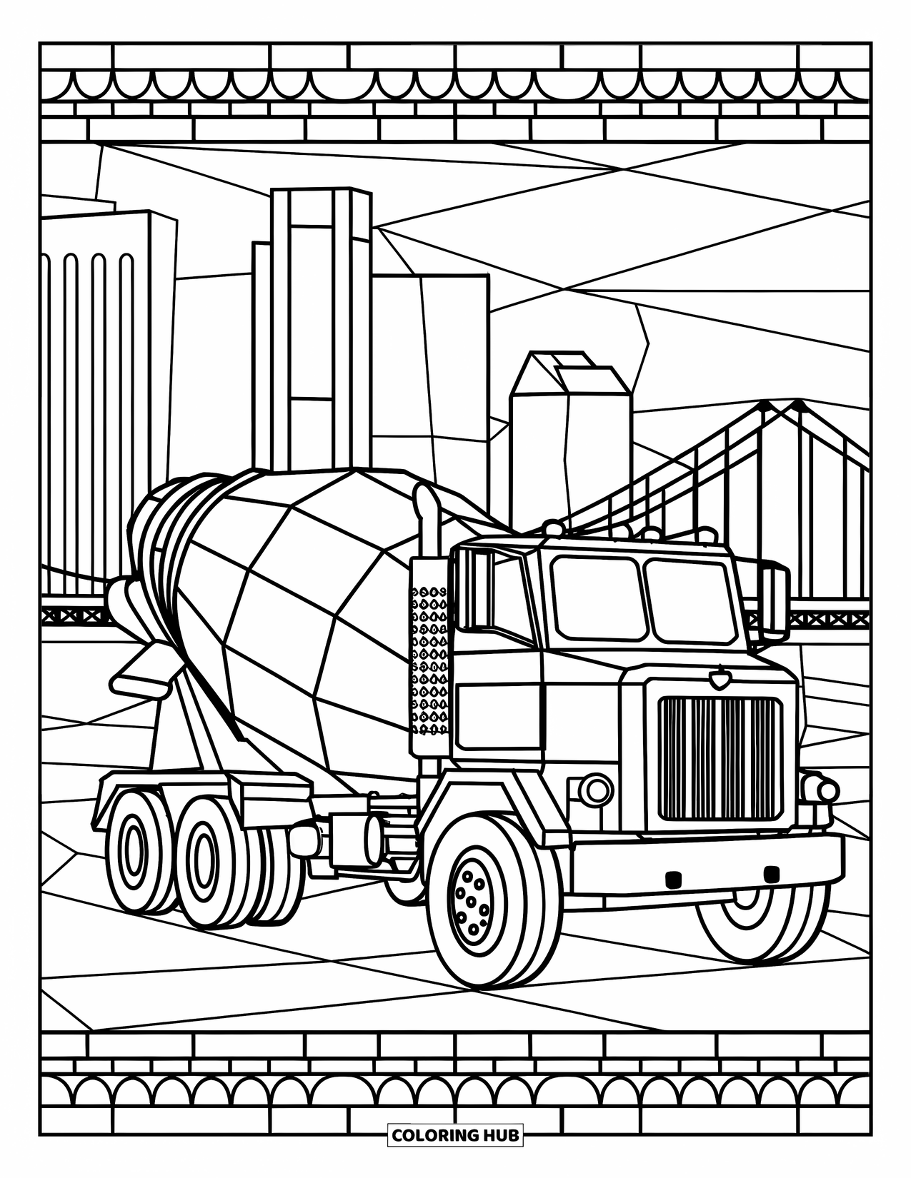 Construction Site Coloring Page for Adults: A cement mixer truck rests near tall buildings in stained-glass segments