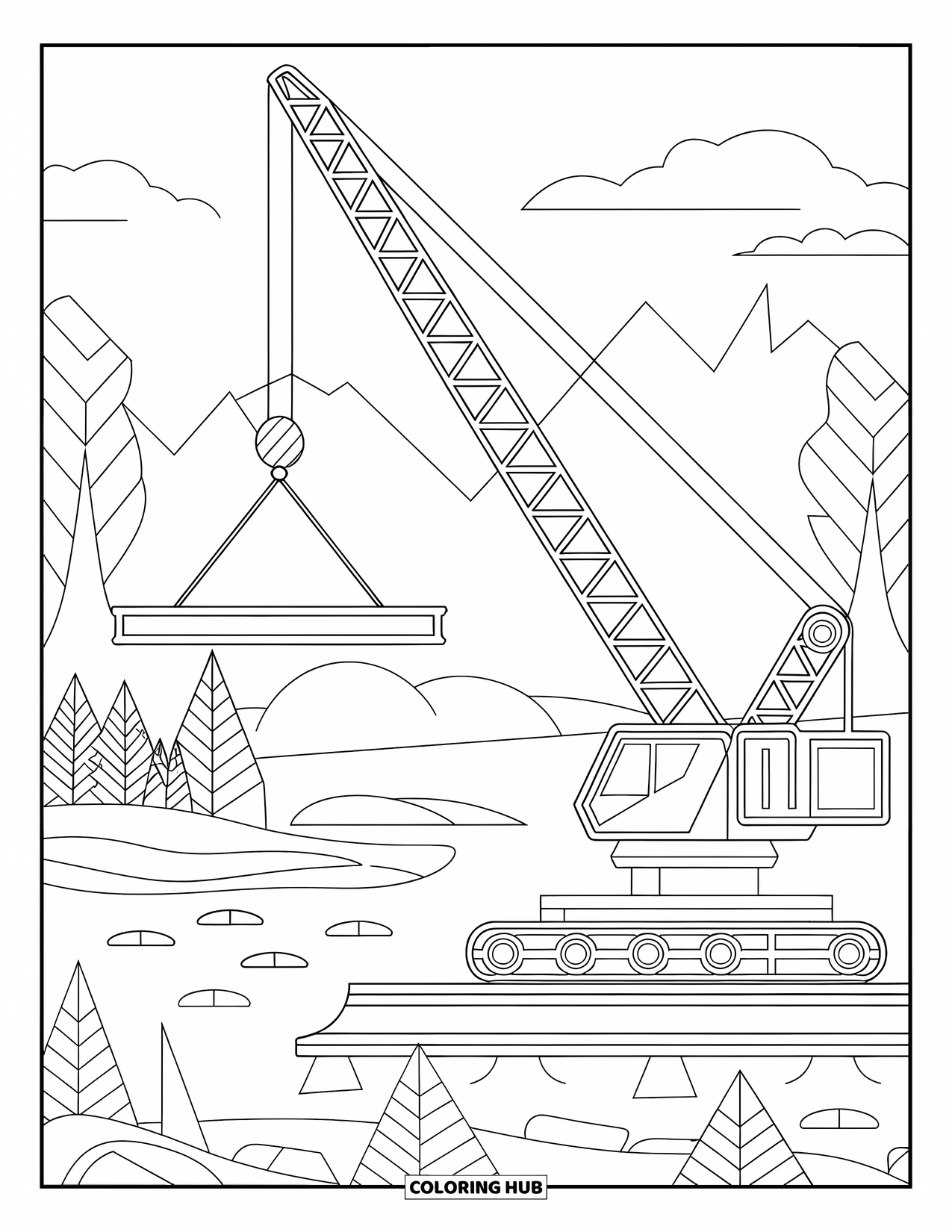 Construction Site Coloring Page for Adults: A crane lifts a beam near trees and water with mountains in the distance