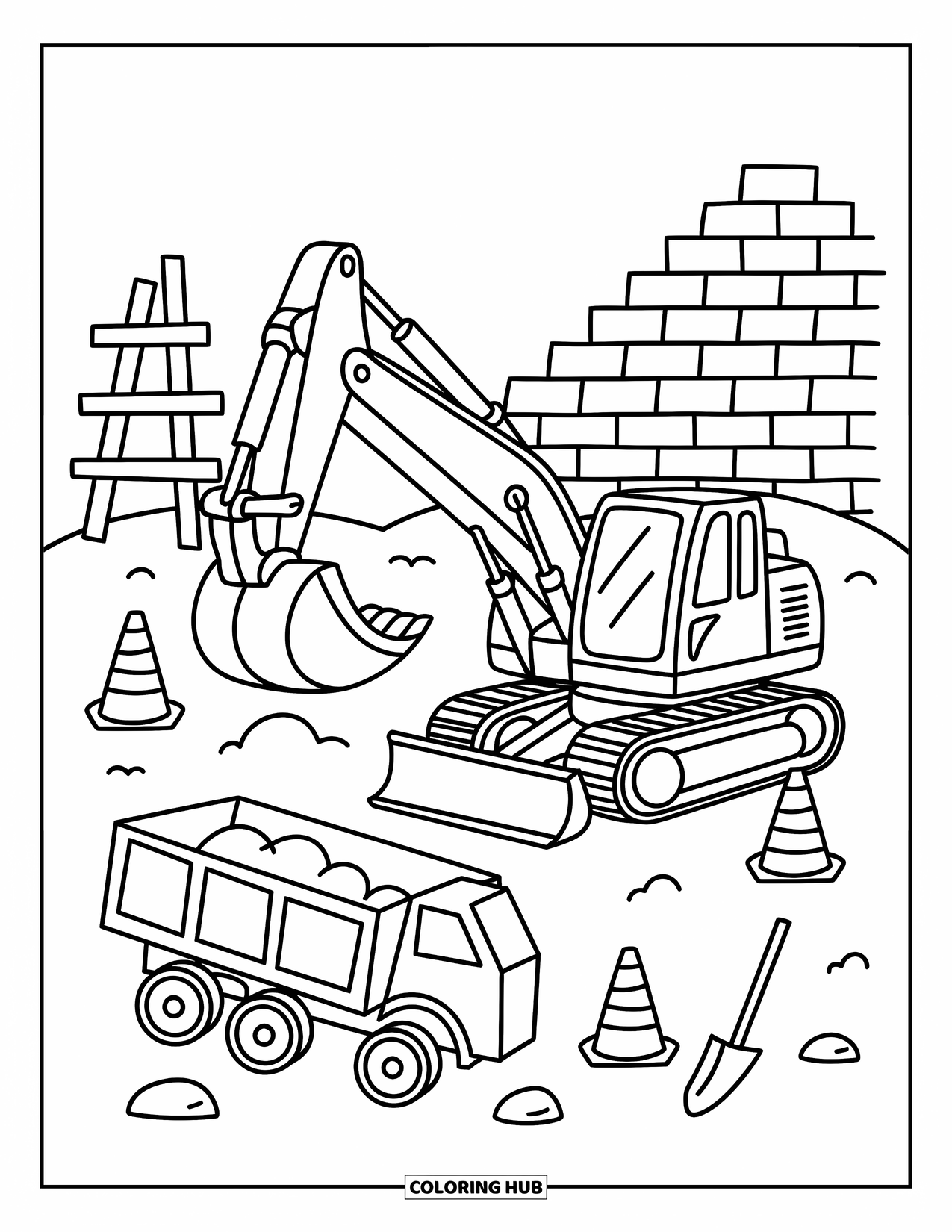 Construction Site Coloring Page for Adults: A digger and dump truck sit near a scaffold and a soft mound of dirt