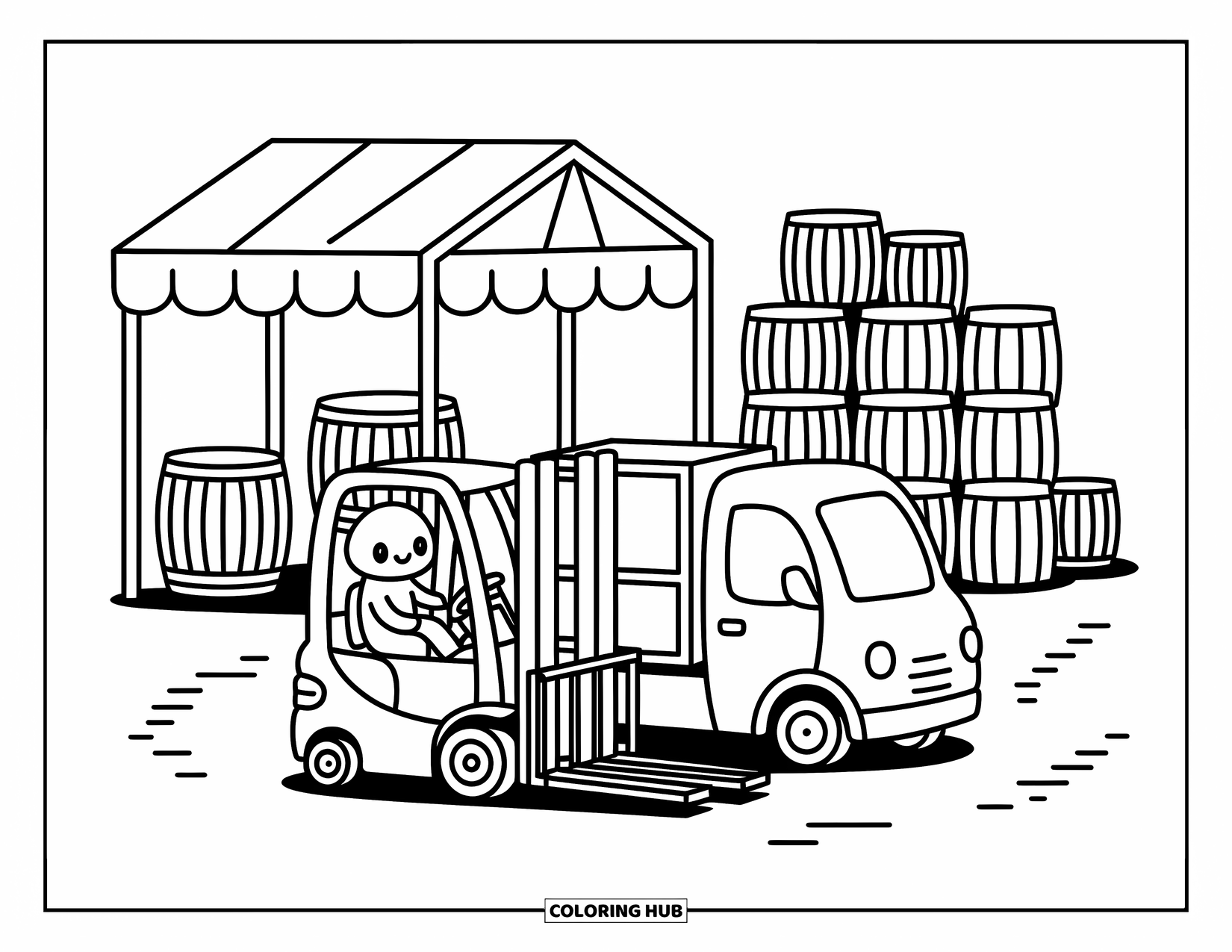 Construction Site Coloring Page for Adults: A forklift rolls toward a vintage truck surrounded by crates and rustic barrels
