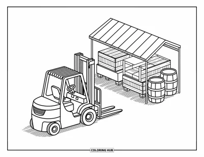 Kolorowanka z placem budowy dla dorosłych: Wózek widłowy skręca w stronę przytulnej ciężarówki przy skrzyniach, beczkach i ścieżce z kreskowaniem