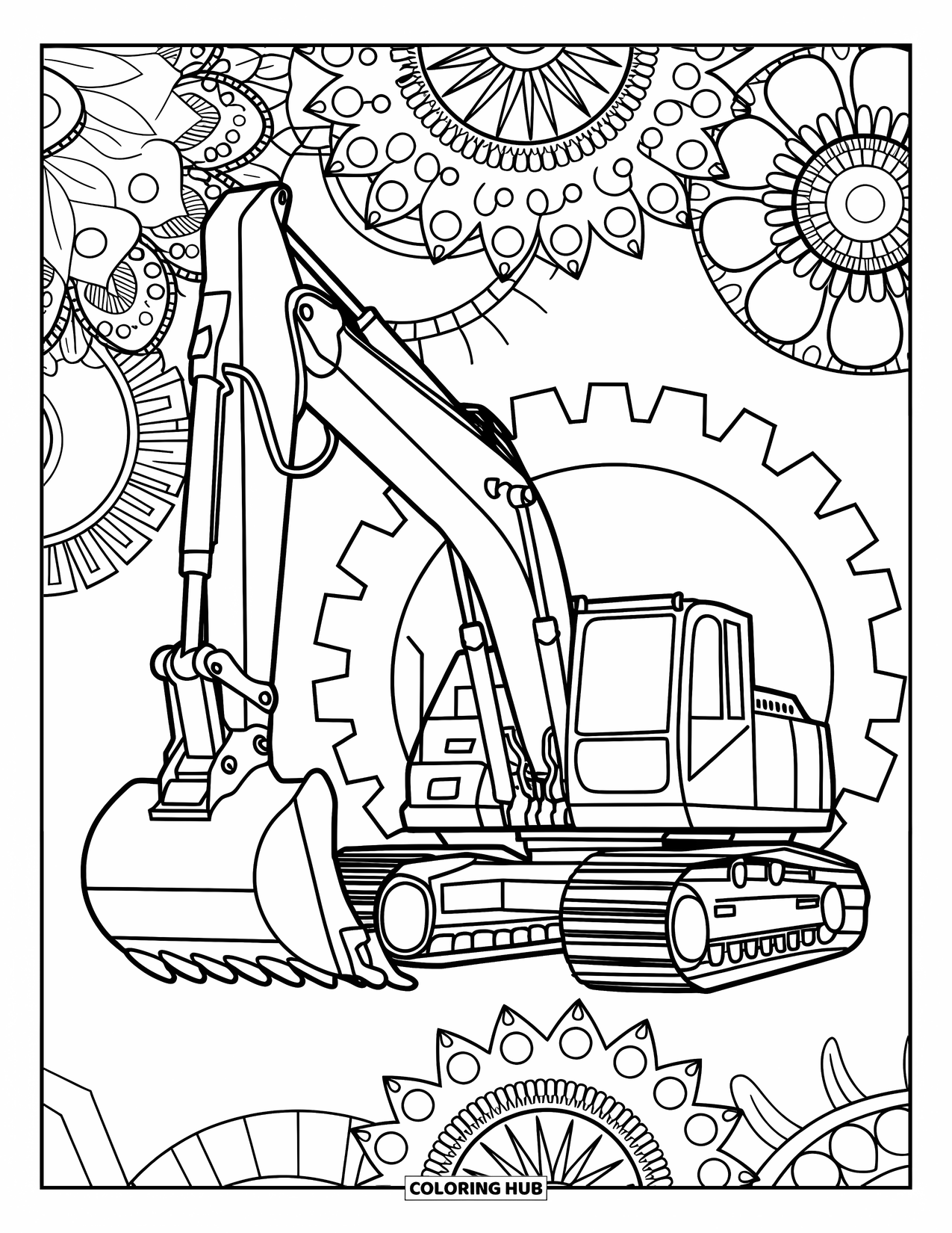 Construction Site Coloring Page for Adults: An excavator lifts its bucket amid gears and swirling flower designs