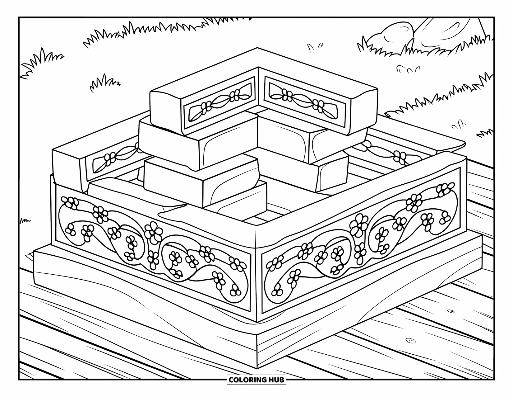 Construction Site Coloring Page for Adults: Bricks rest on a wooden platform surrounded by swirling art nouveau borders
