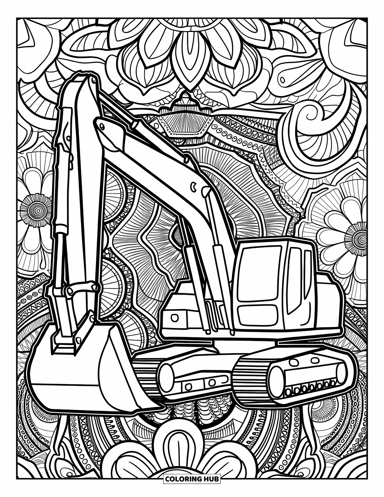 Construction Site Coloring Page for Adults: Gears and flowers surround an excavator on a richly textured background