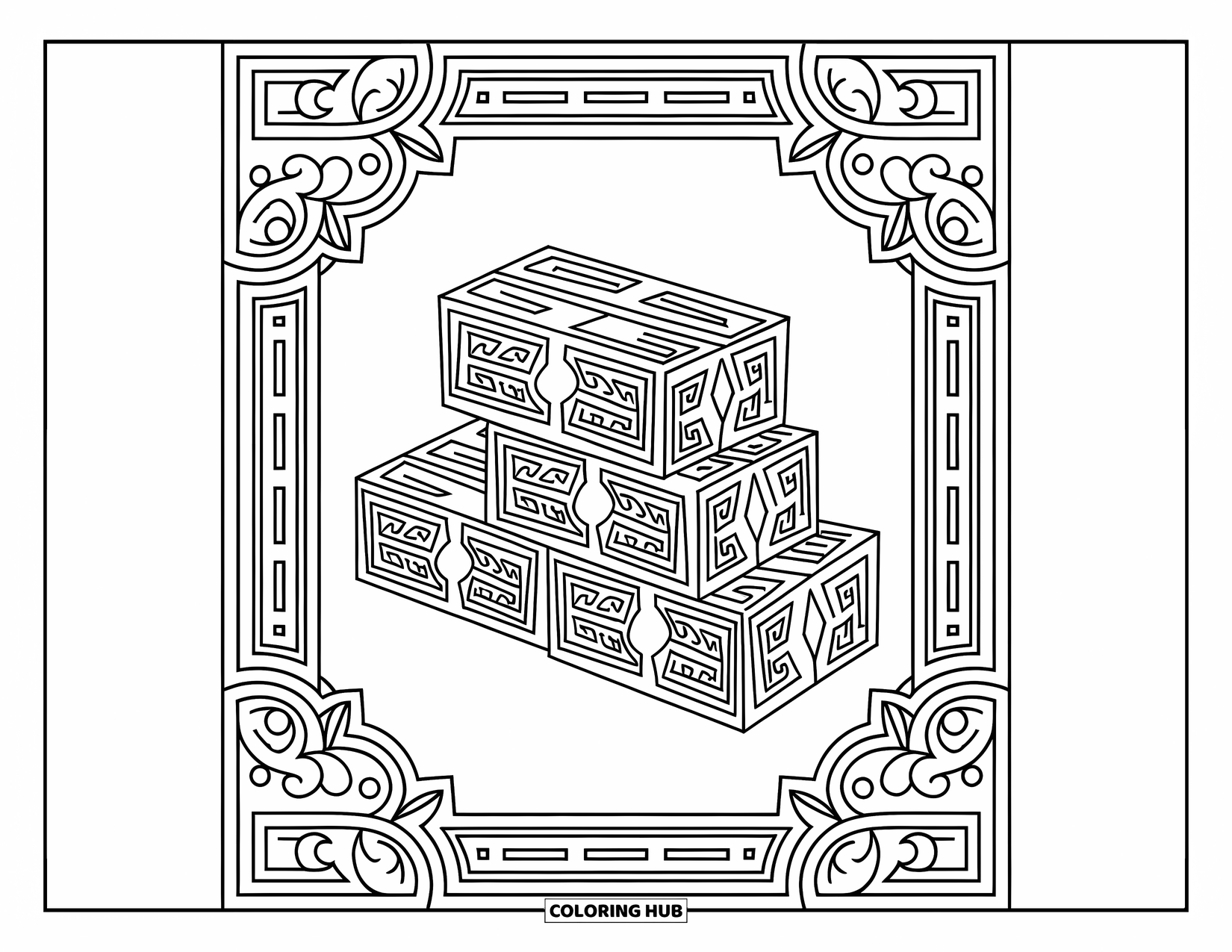 Construction Site Coloring Page for Adults: Stacked bricks sit inside ornate floral borders with elegant swirling patterns