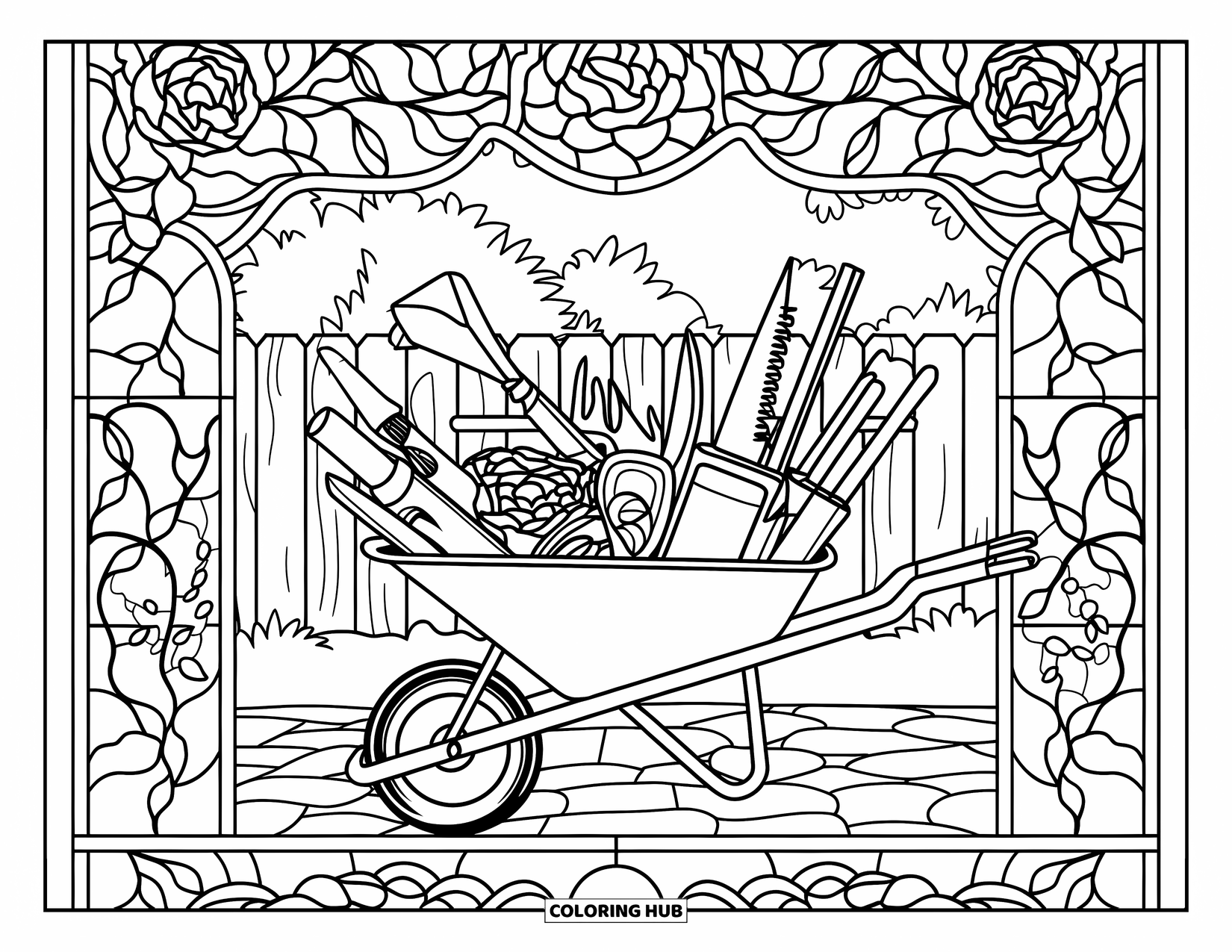 Construction Site Coloring Page for Adults: Tools spill from a wheelbarrow set against a floral stained-glass backdrop