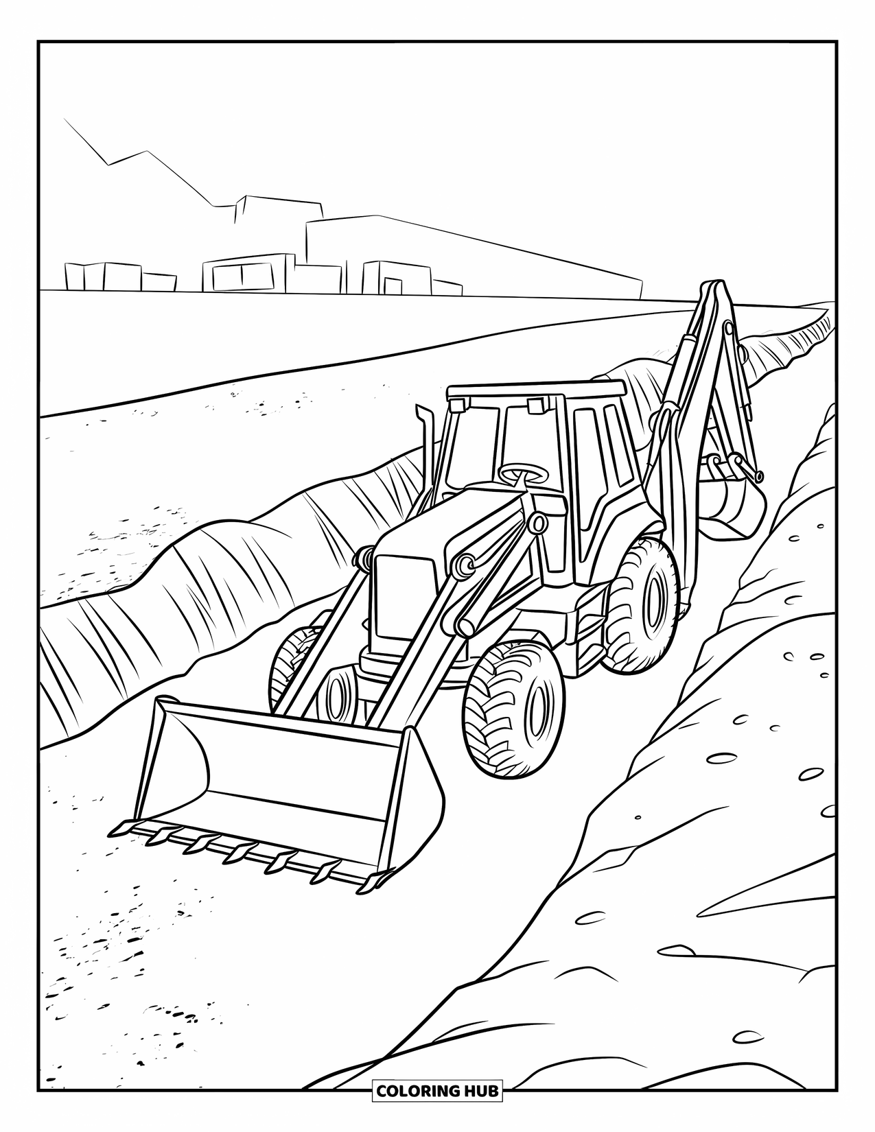 Construction Site Coloring Page for Kids: A backhoe digs beside a trench at a busy construction site
