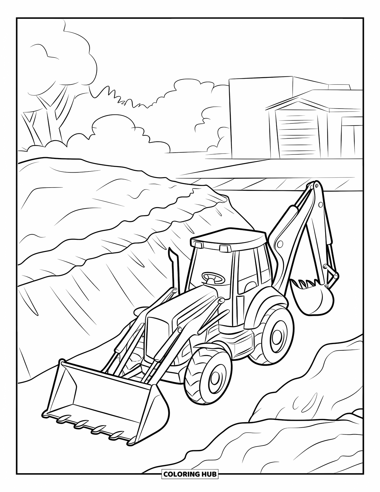 Construction Site Coloring Page for Kids: A backhoe works near a trench with dirt piles and a few buildings