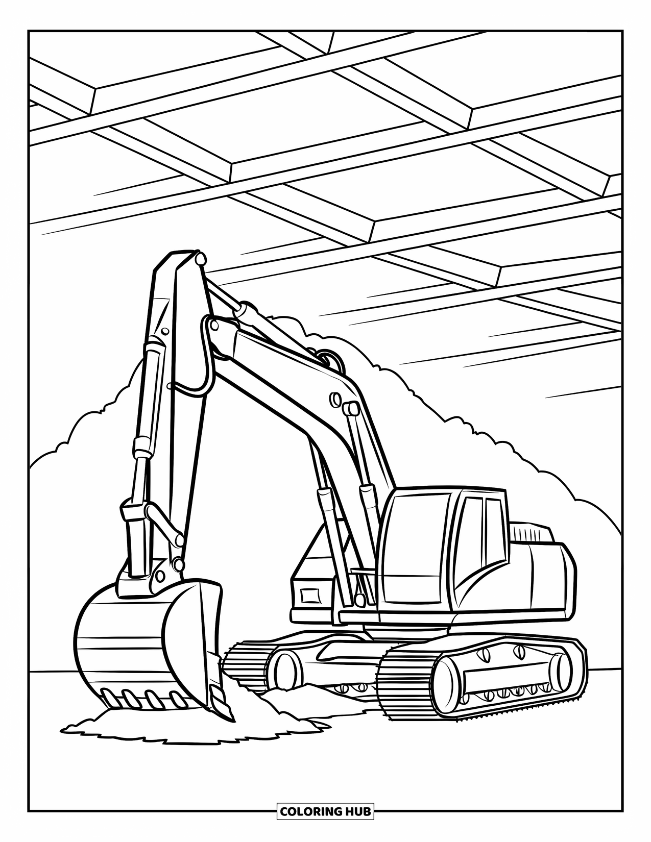 Construction Site Coloring Page for Kids: A bold excavator lifts dirt while beams rise behind it