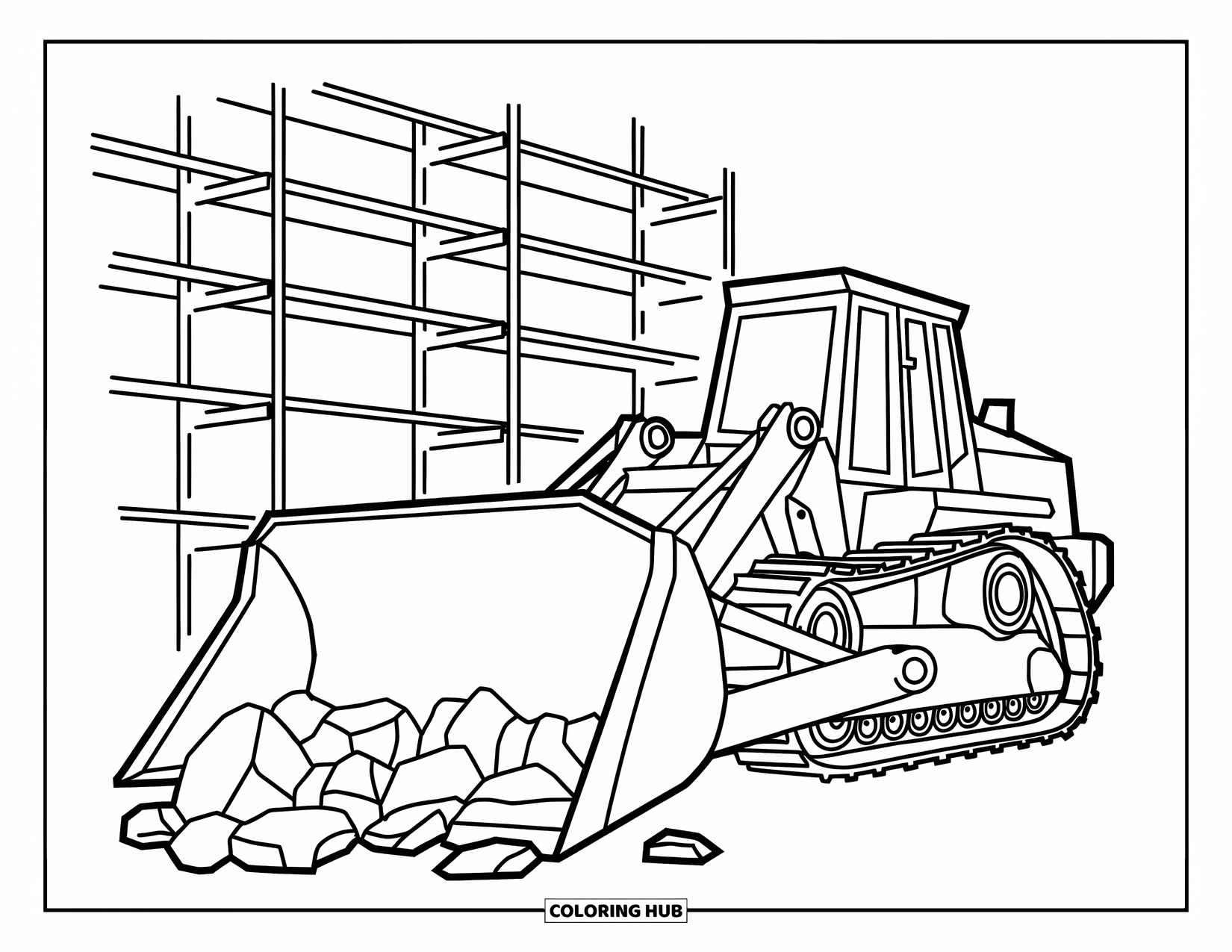 Construction Site Coloring Page for Kids: A bulldozer pushes rocks on site while scaffolding stands tall