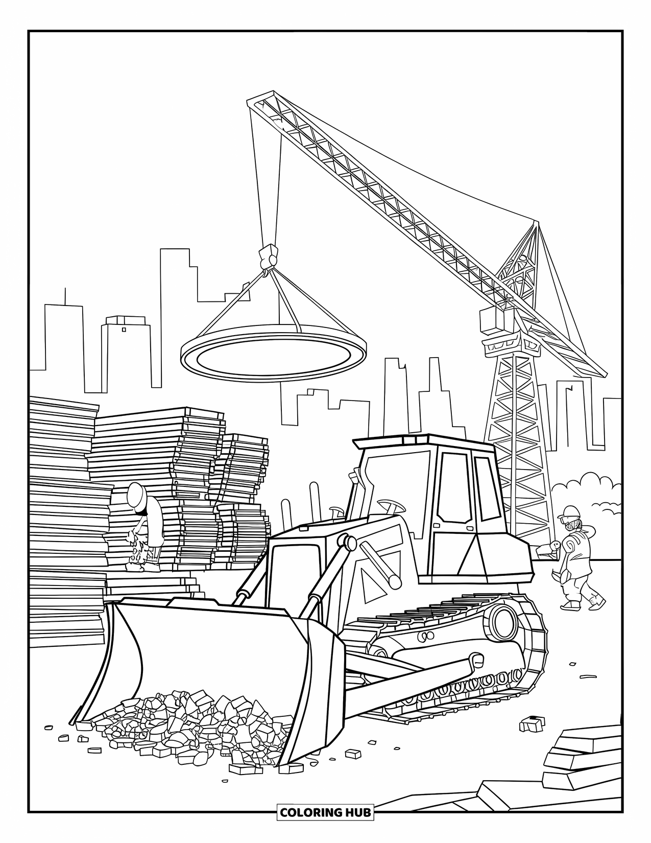 Construction Site Coloring Page for Kids: A bulldozer pushes rubble while a crane lifts a heavy object nearby