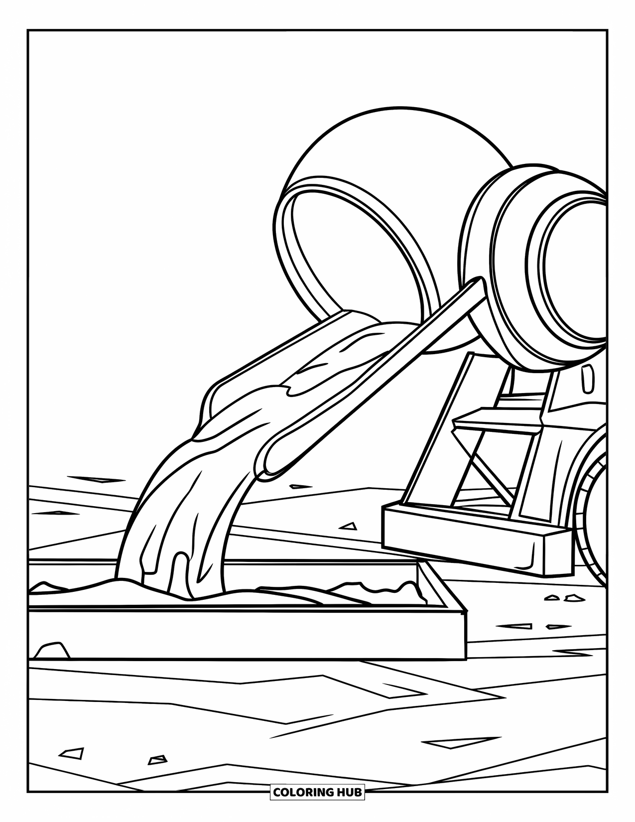 Construction Site Coloring Page for Kids: A cement truck pours onto a slab at a construction site with clean outlines