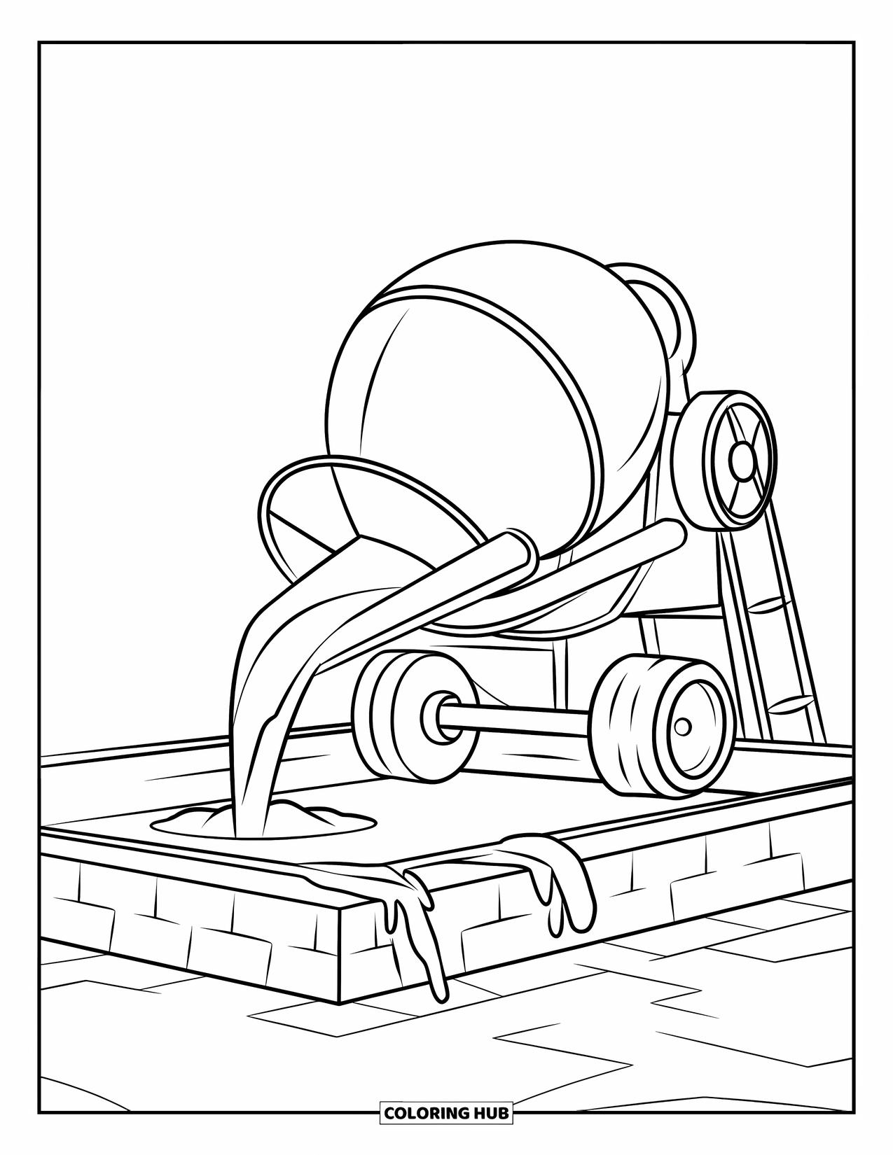 Construction Site Coloring Page for Kids: A concrete mixer pours cement onto a fresh foundation at a building site