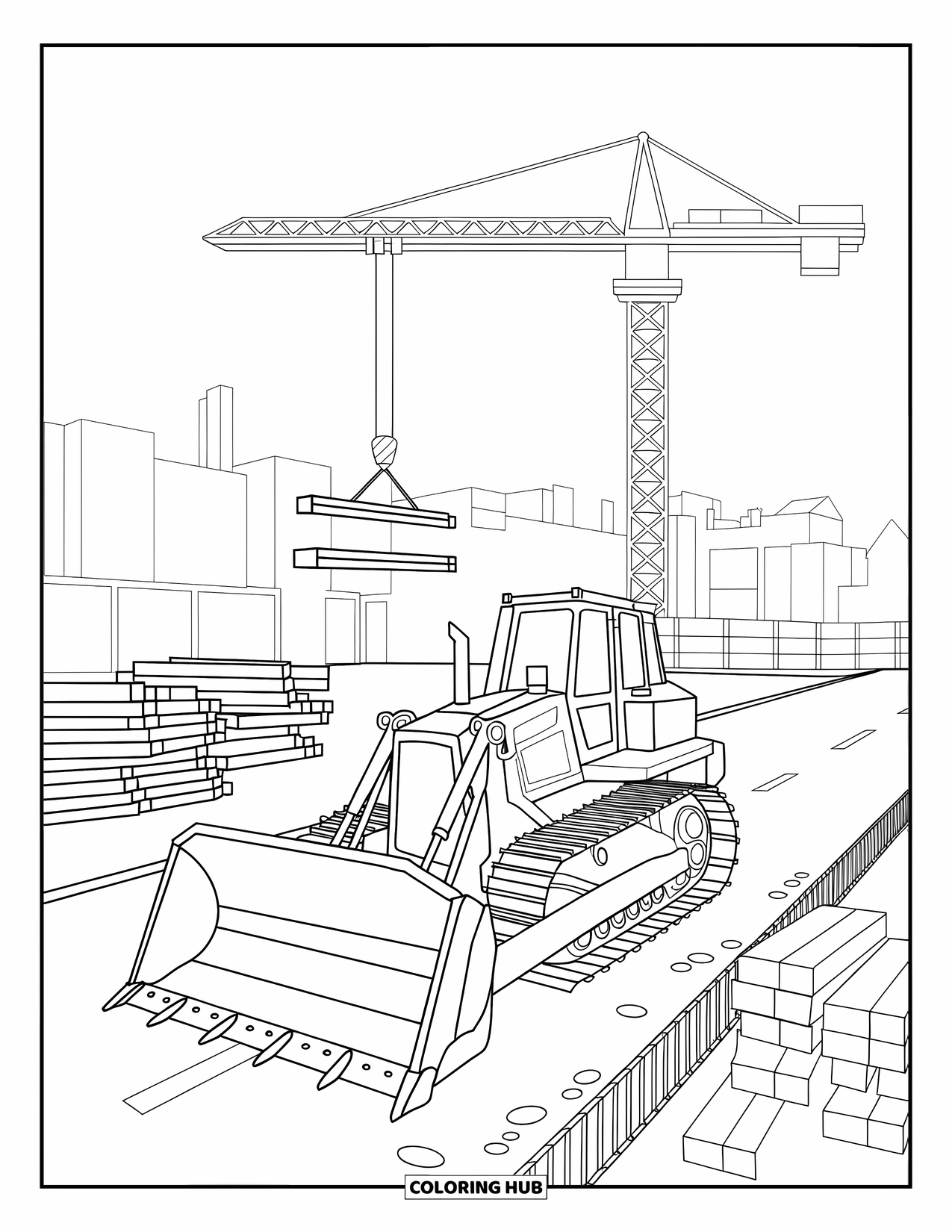 Construction Site Coloring Page for Kids: A crane and bulldozer work together on a site with buildings all around