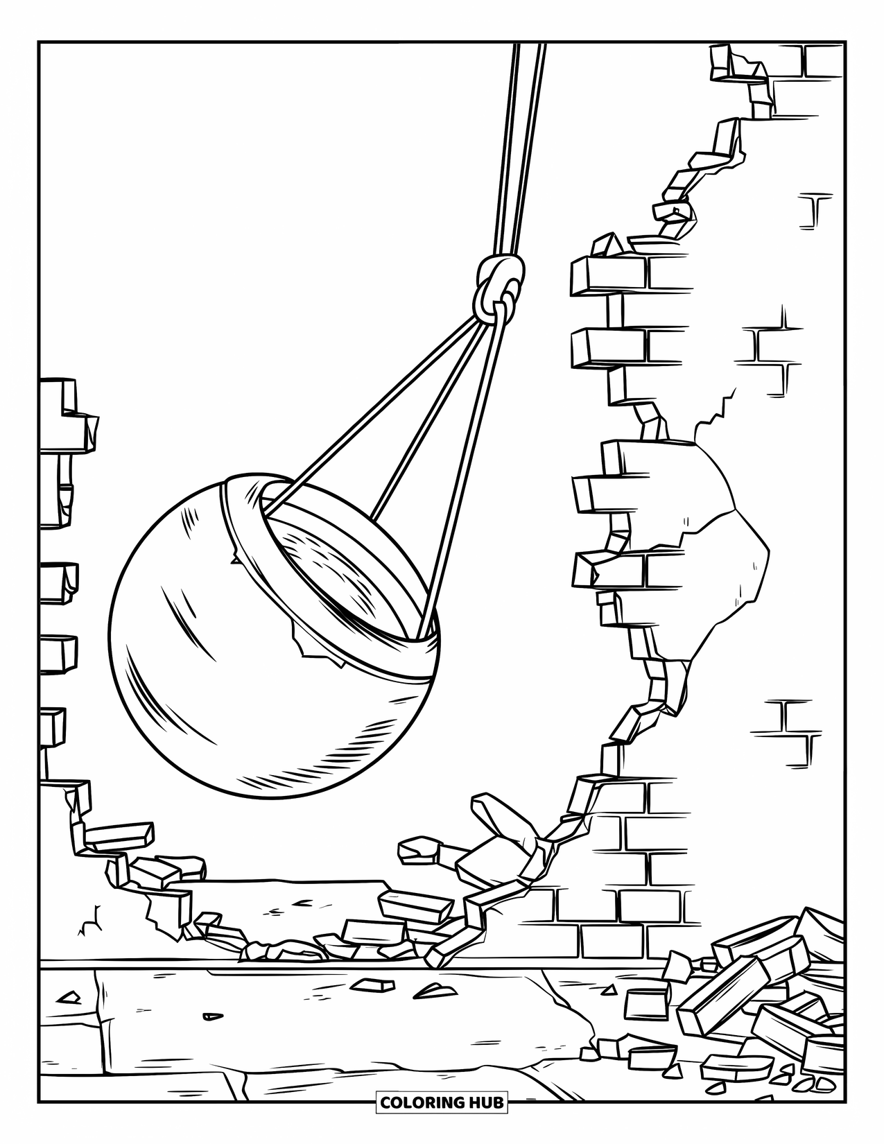 Construction Site Coloring Page for Kids: A crane swings a wrecking ball into a cracked wall near a pile of bricks