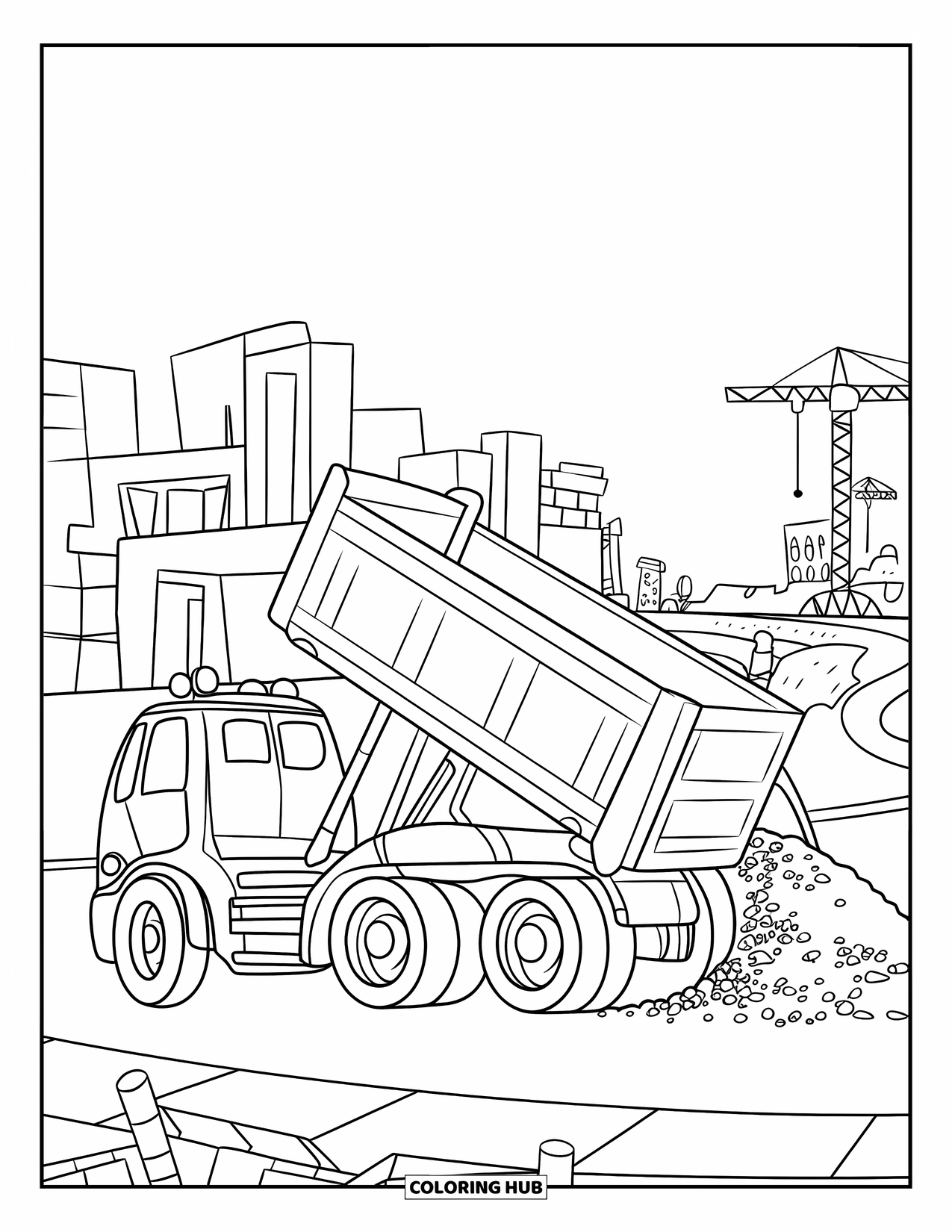 Construction Site Coloring Page for Kids: A dump truck pours gravel beside cranes and rising buildings