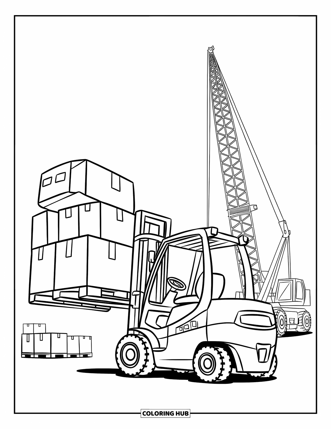 Construction Site Coloring Page for Kids: A forklift drives with boxes stacked high and a crane in the background