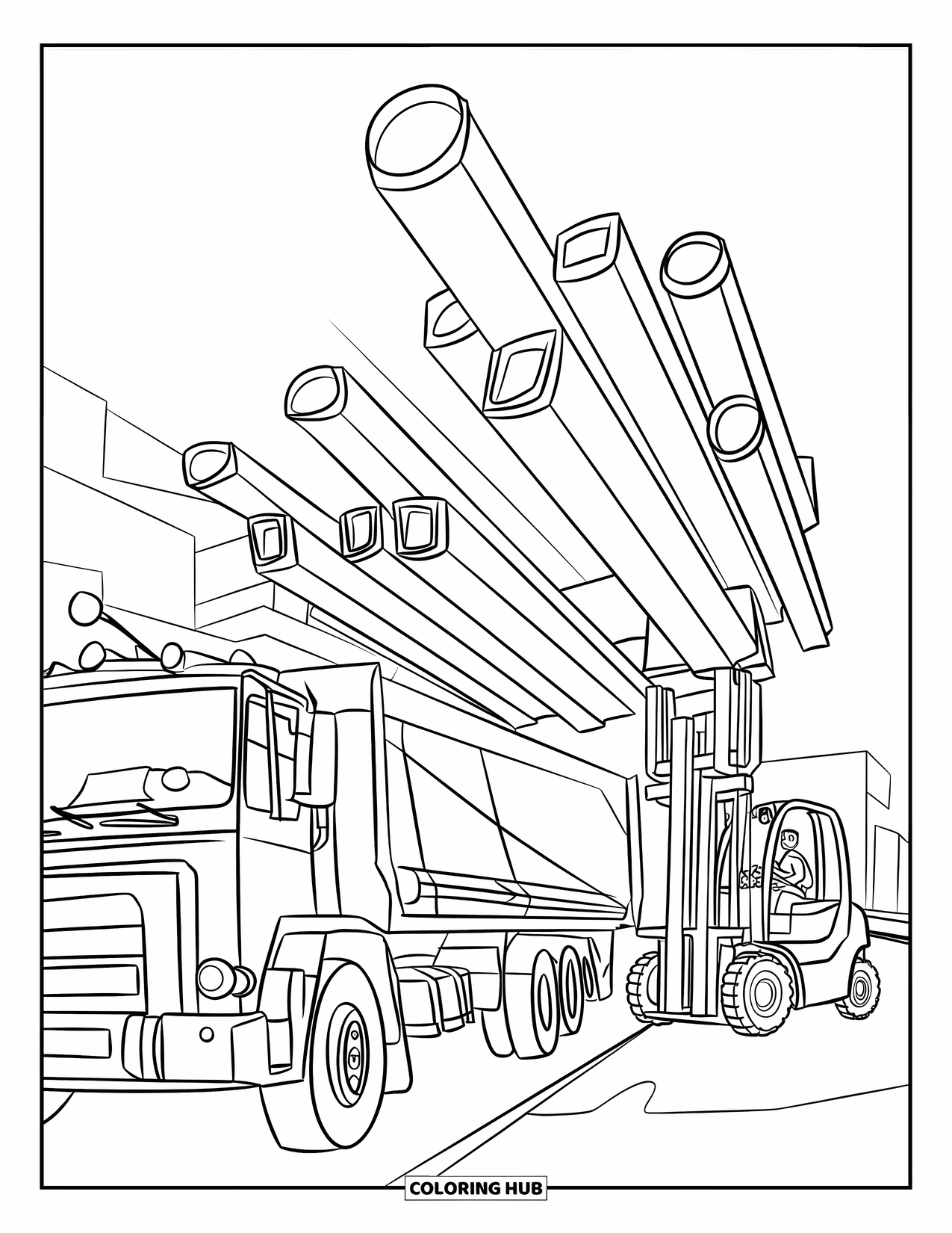 Construction Site Coloring Page for Kids: A forklift unloads steel beams from a large delivery truck on site