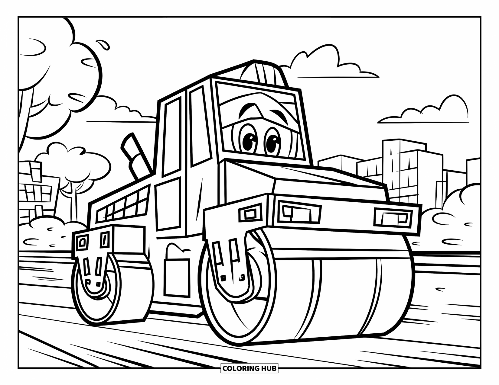 Construction Site Coloring Page for Kids: A happy road roller smooths the ground near trees and buildings