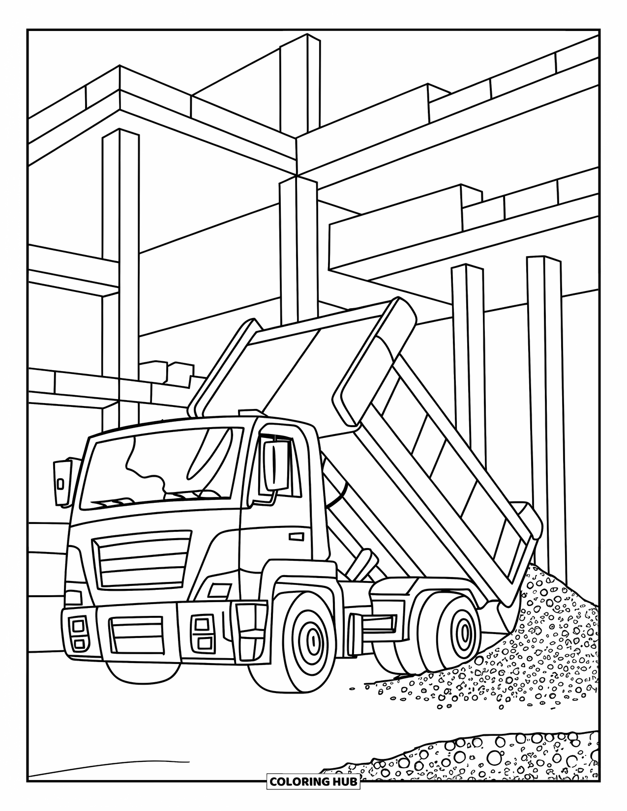 Construction Site Coloring Page for Kids: A smiling truck dumps gravel on a half-built road with cranes nearby