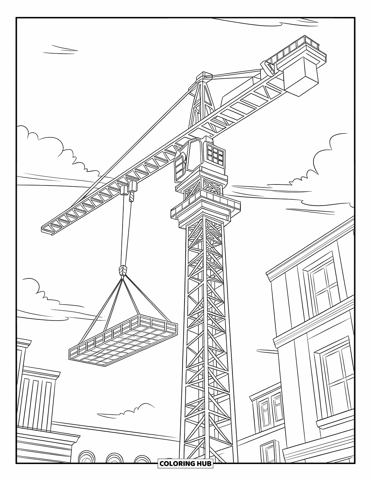 Construction Site Coloring Page for Kids: A tall crane lifts a platform over city buildings and trees below
