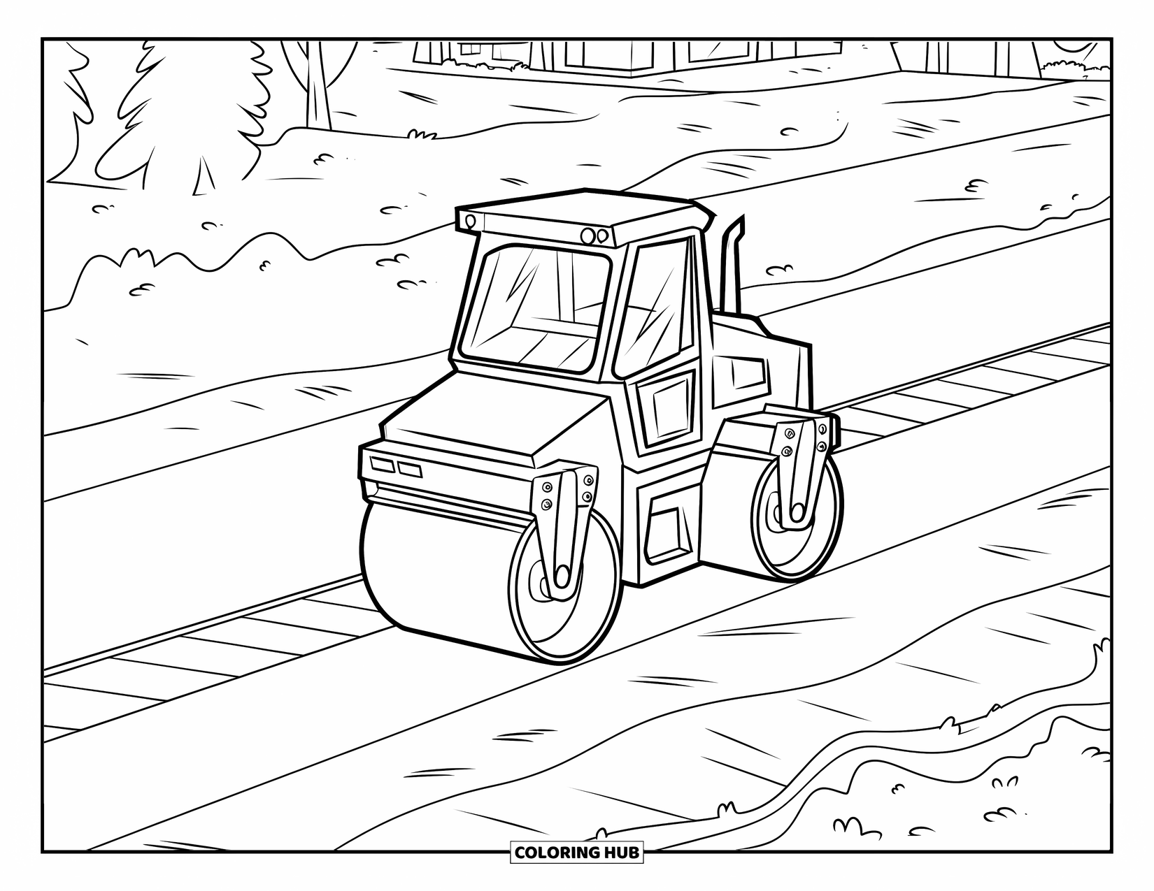 Construction Site Coloring Page for Kids: A wide road roller presses the bumpy ground while trees stand behind