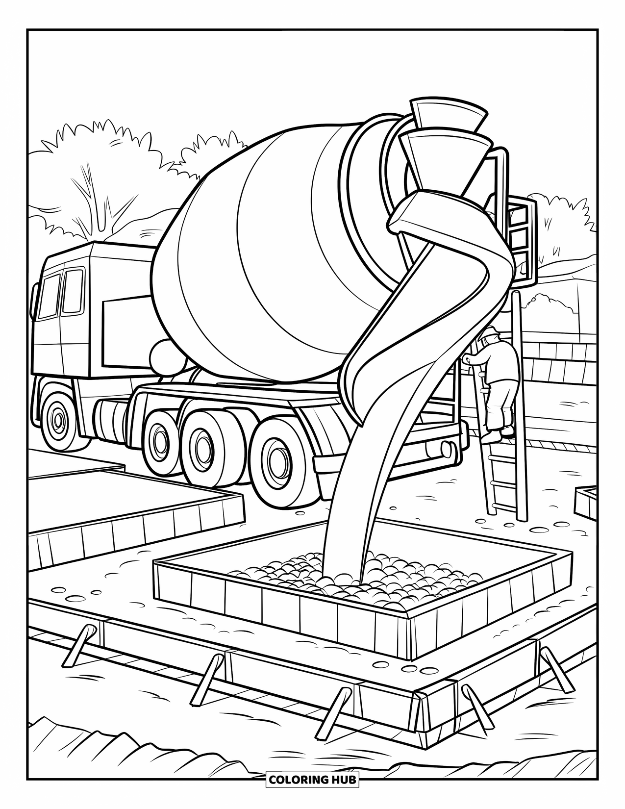 Construction Site Coloring Page for Kids: A worker guides cement from a mixer onto a slab at a busy job site