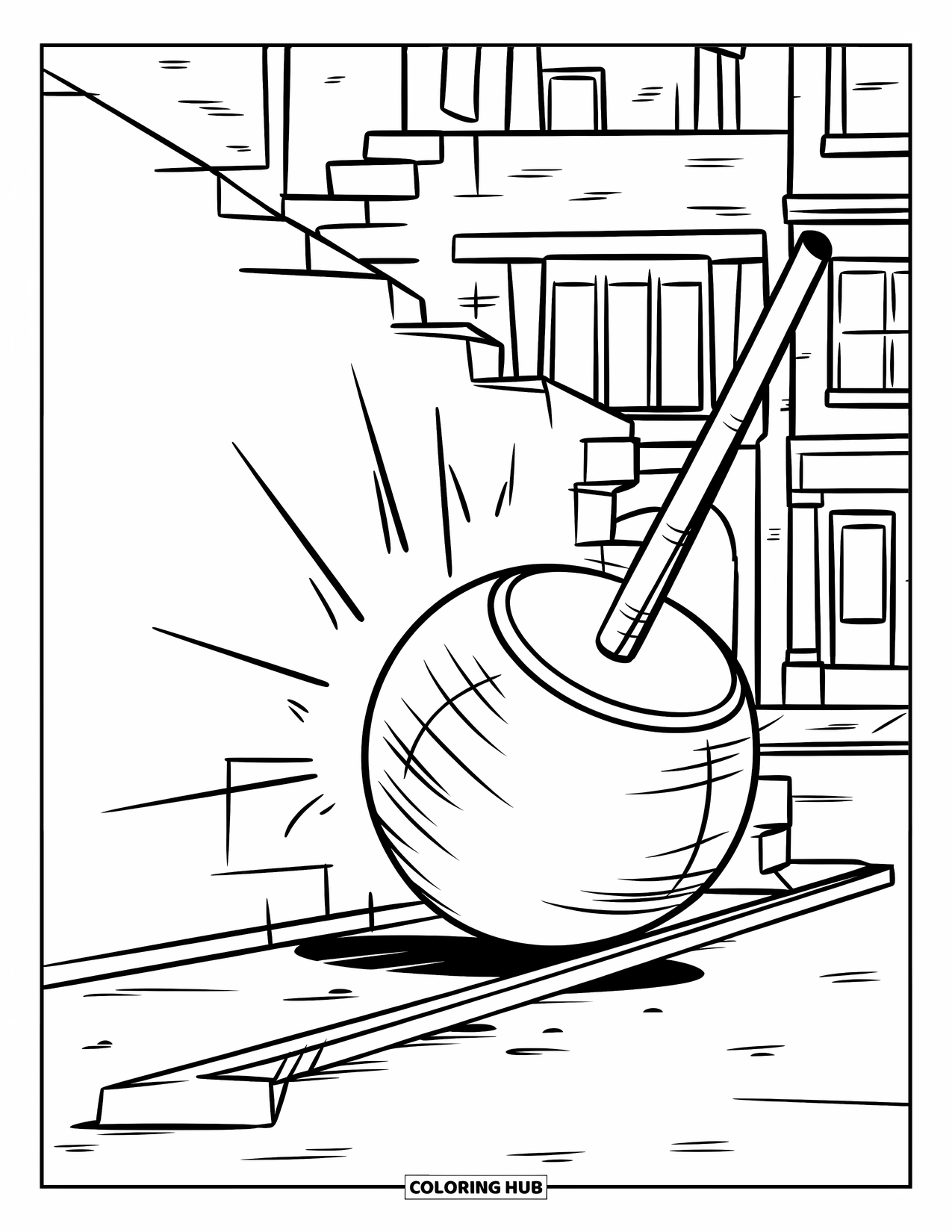 Construction Site Coloring Page for Kids: A wrecking ball crashes into a wall at a dusty demolition site