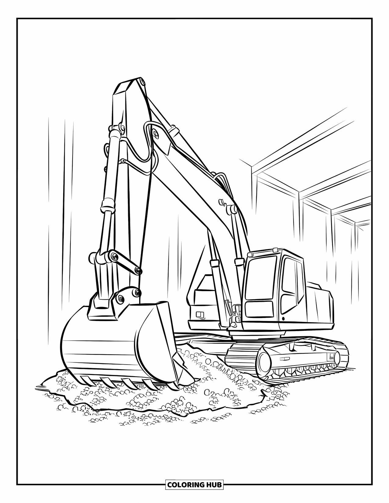 Construction Site Coloring Page for Kids: An excavator digs dirt with tall beams behind it