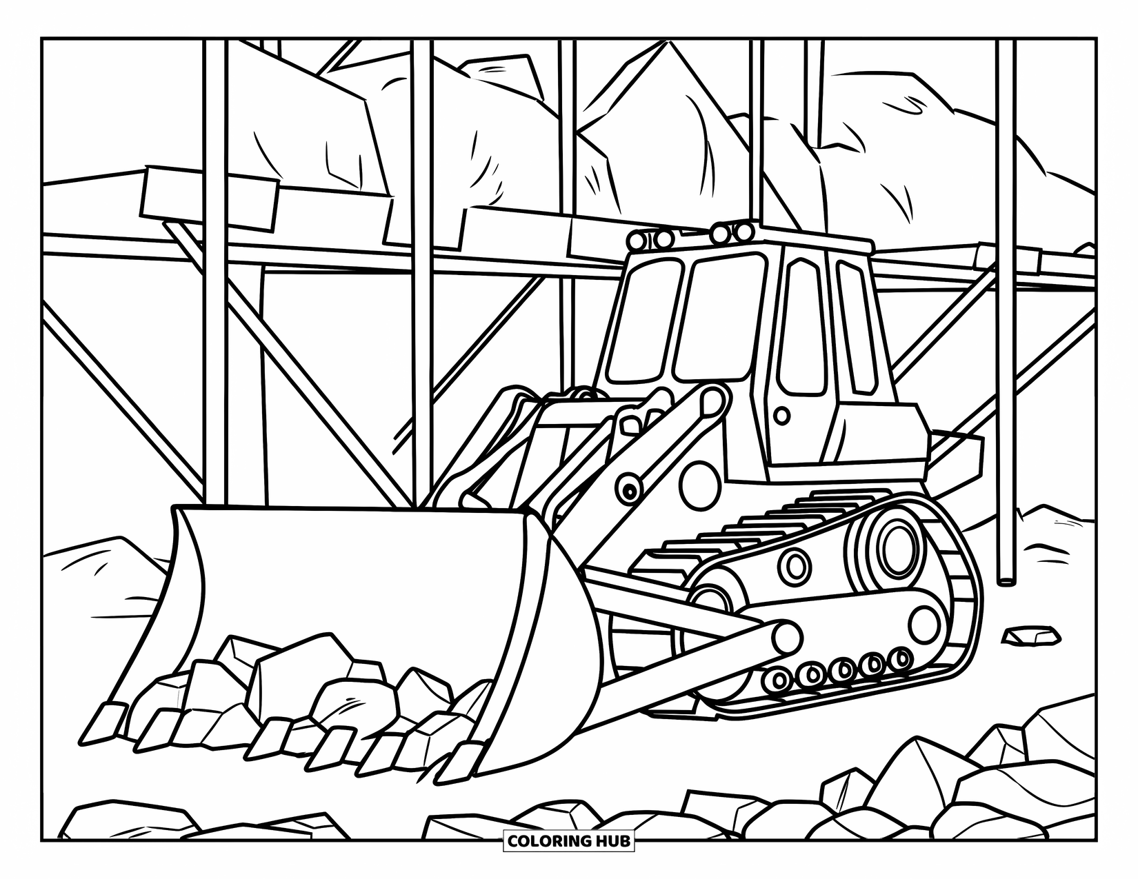 Construction Site Coloring Page for Kids: An orange bulldozer moves rocks in front of a wooden scaffold