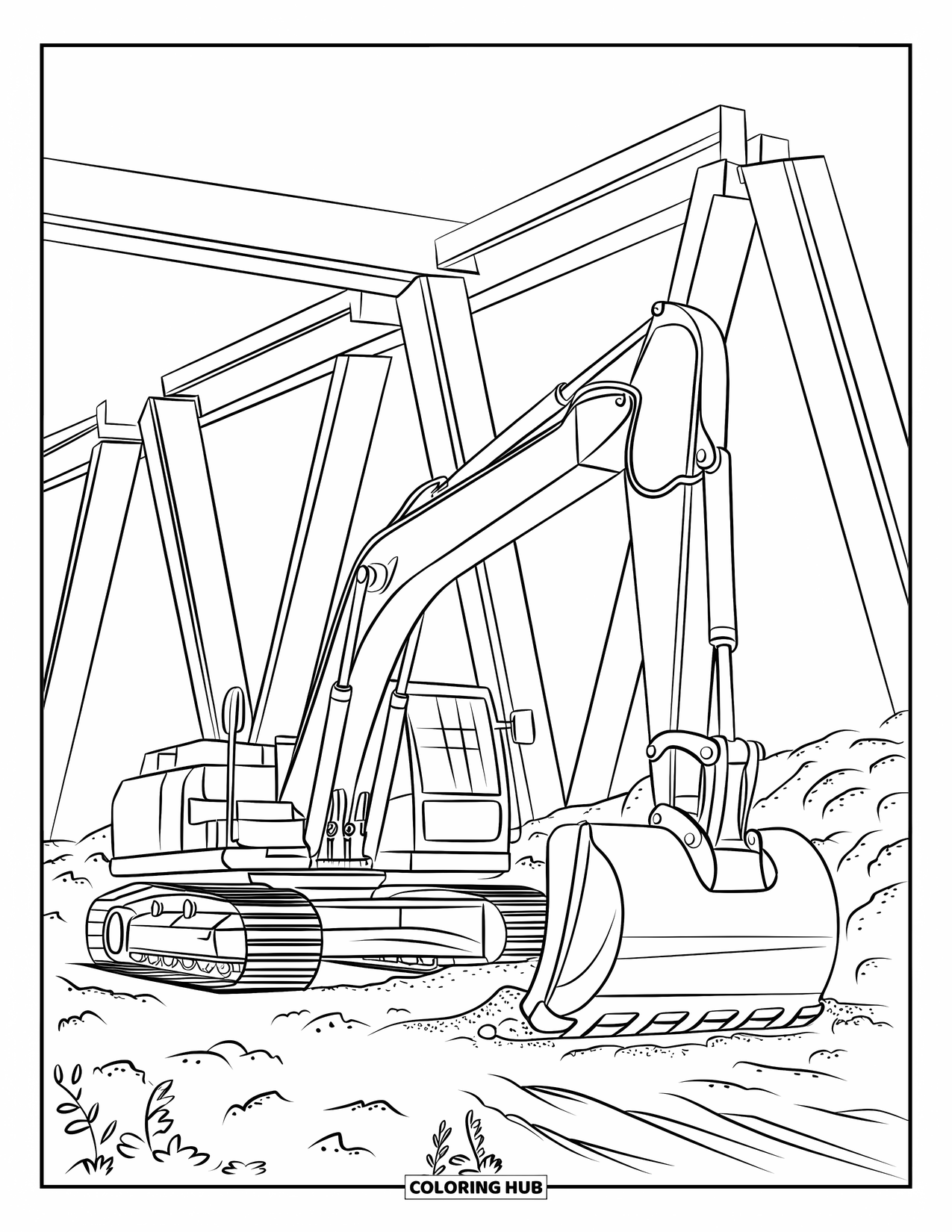 Construction Site Coloring Page for Kids: The excavator scoops dirt from a rocky ground beside standing steel beams