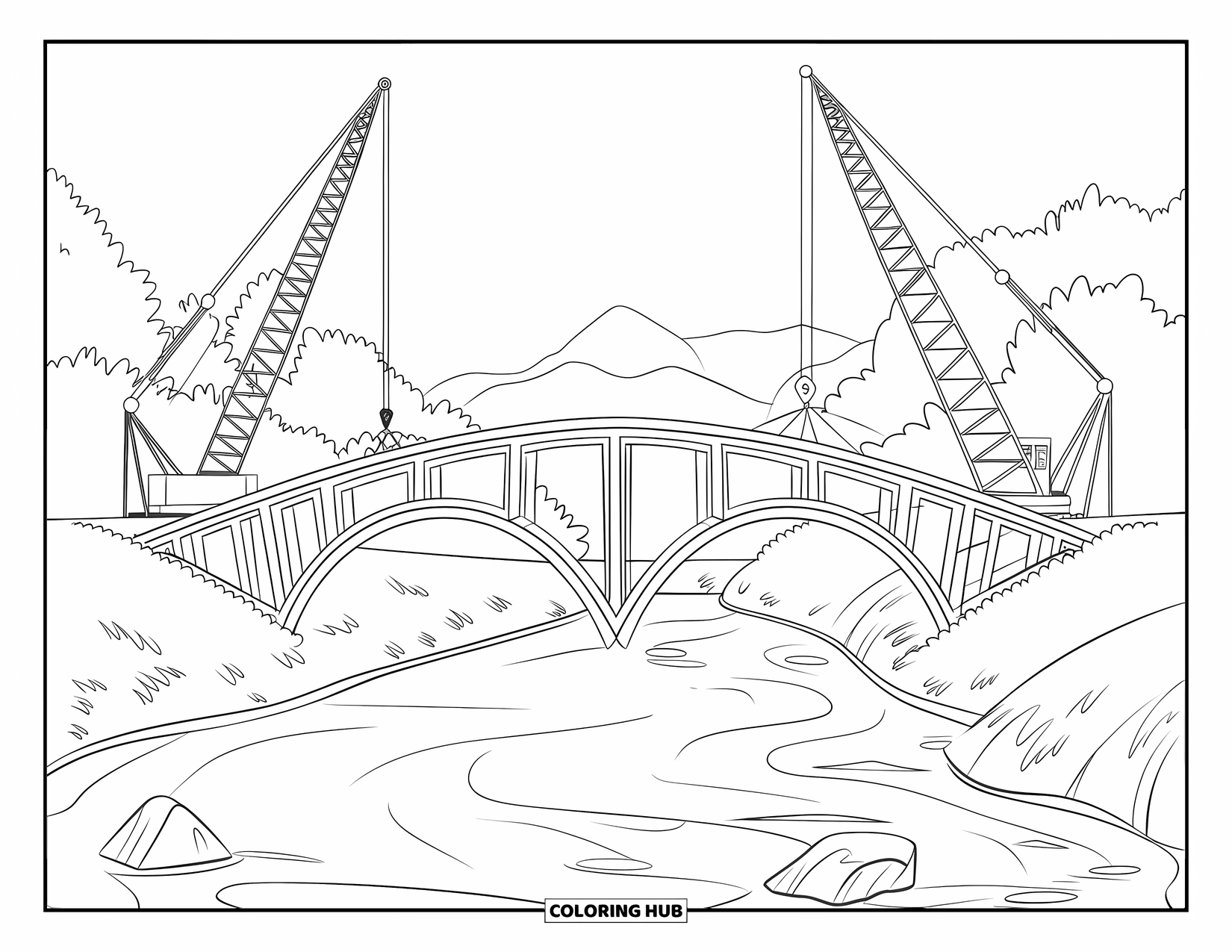 Construction Site Coloring Page for Kids: Workers build an arched bridge with cranes by a quiet river and mountain view