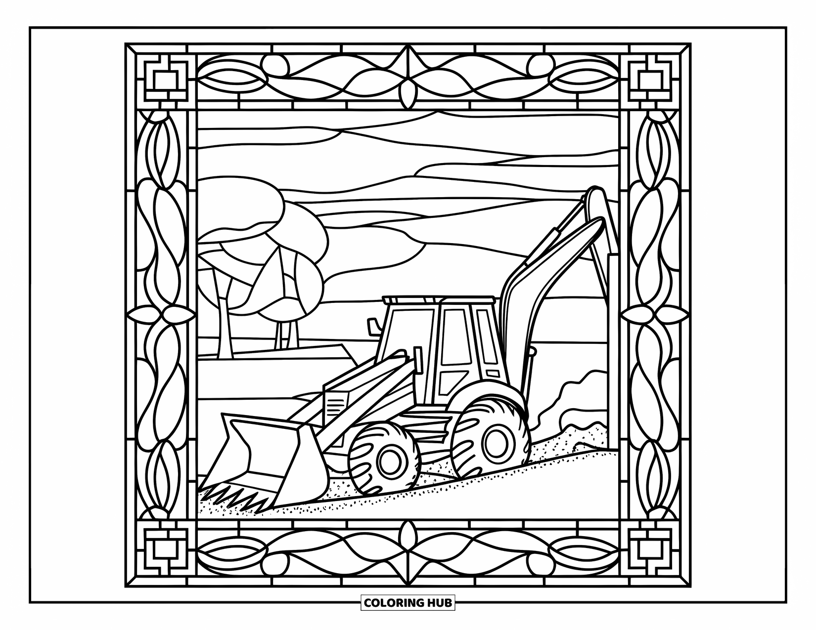 Construction Truck Coloring Page for Adults: A backhoe digs near a building framed by a stained-glass border and calm scenery