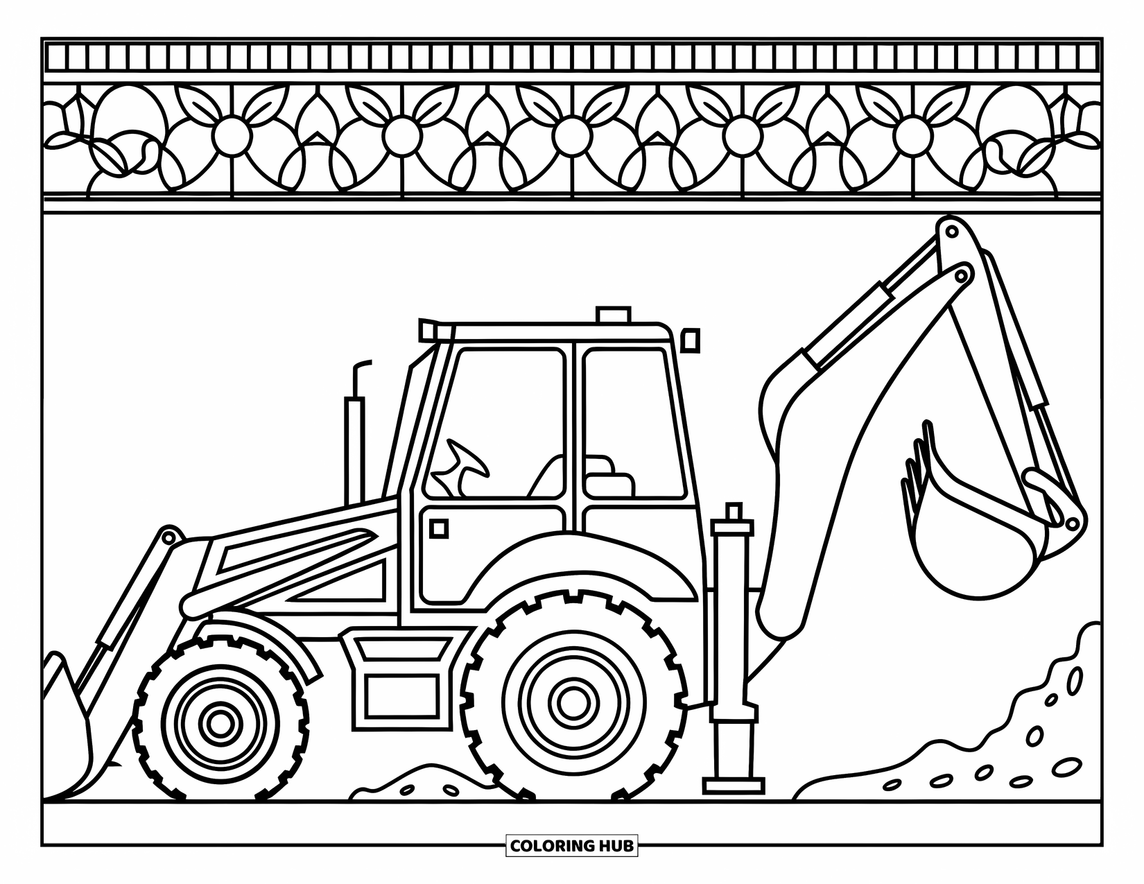 Construction Truck Coloring Page for Adults: A backhoe works beside a floral stained-glass border under a clear sky