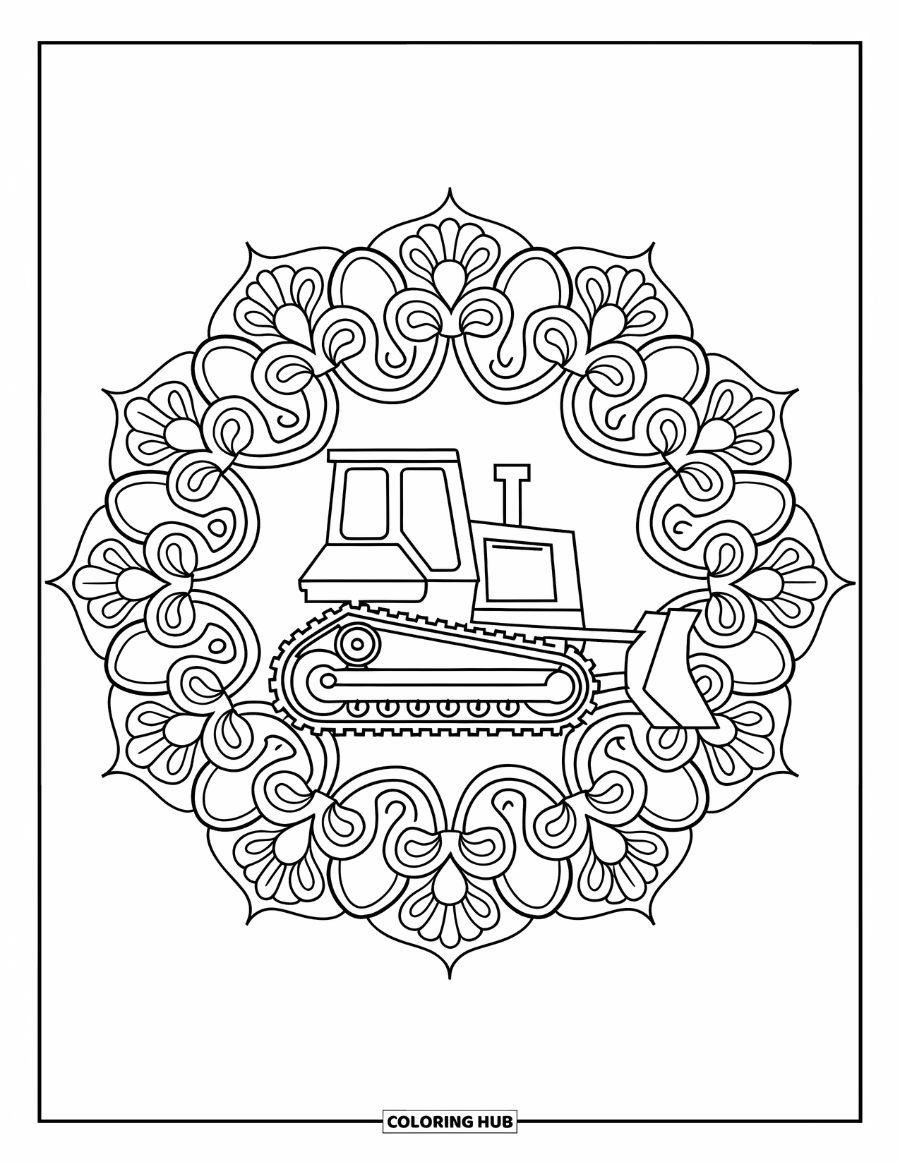 Construction Truck Coloring Page for Adults: A bulldozer sits in the center of swirling floral mandalas
