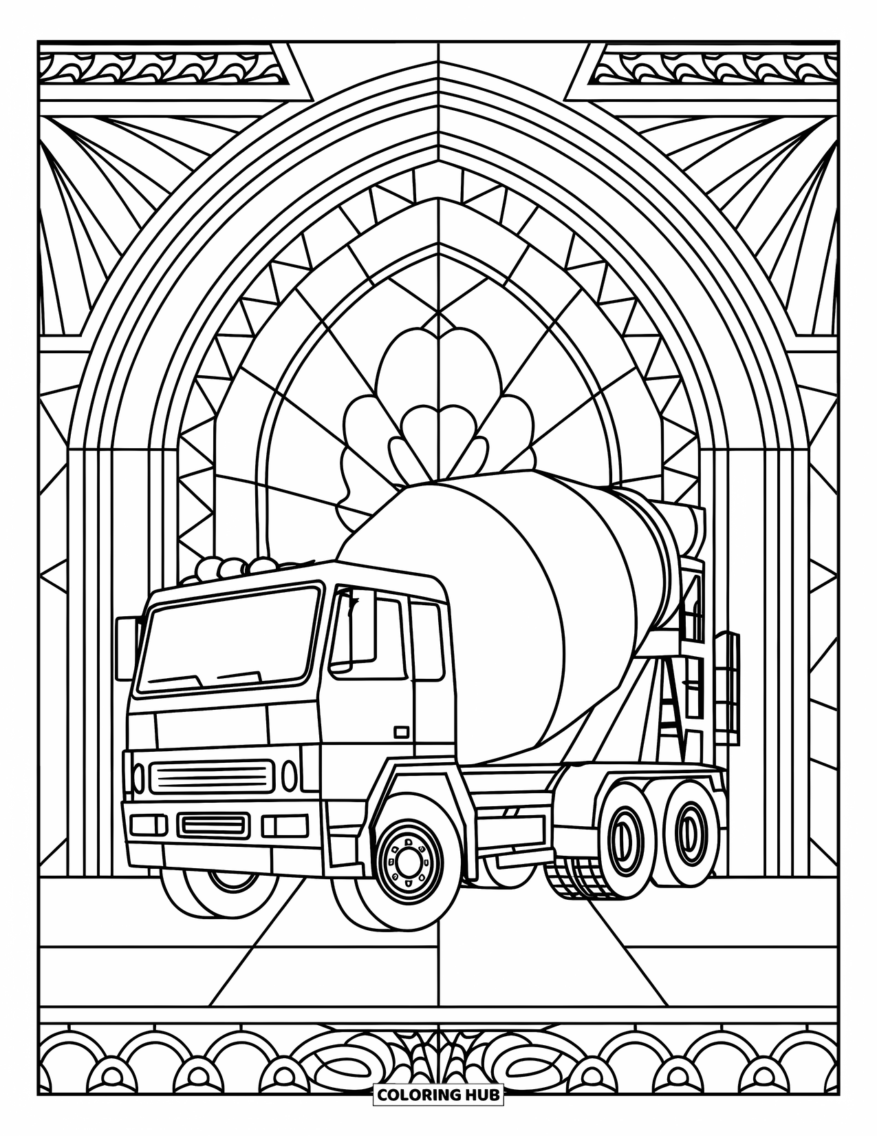 Construction Truck Coloring Page for Adults: A cement mixer drives through a stained-glass arch filled with patterns
