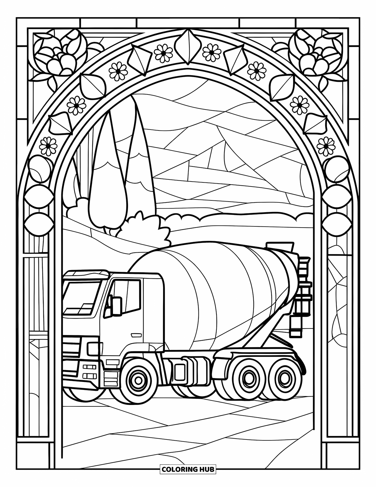 Construction Truck Coloring Page for Adults: A cement mixer emerges from a floral stained-glass archway near a building