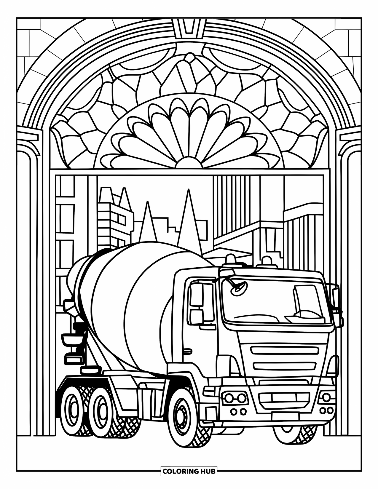 Construction Truck Coloring Page for Adults: A cement mixer stands before a decorated stained-glass arch in the city