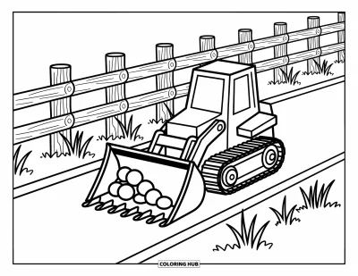Tegning af byggekøretøjer til voksne: En munter bulldozer skubber sten langs en sti kantet af græs og hegn