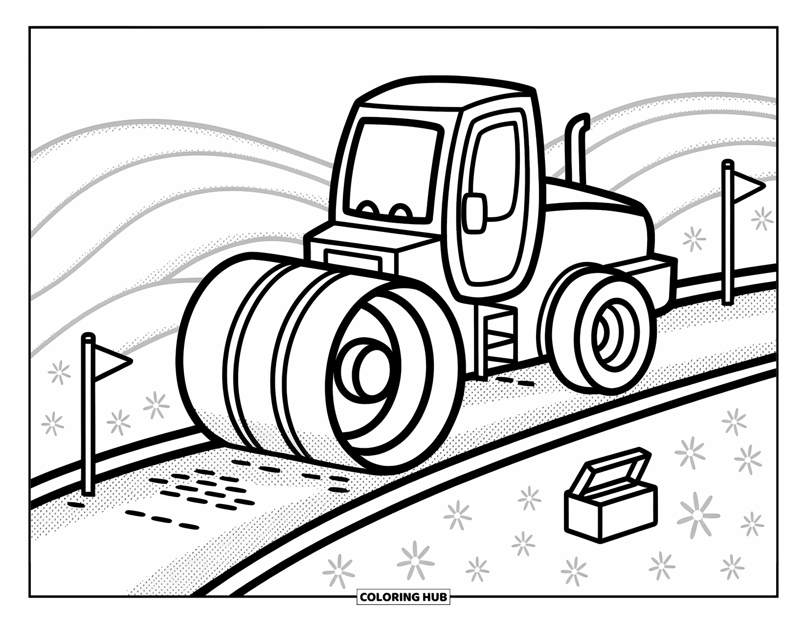 Construction Truck Coloring Page for Adults: A cheerful road roller smooths the ground surrounded by hills and wildflowers