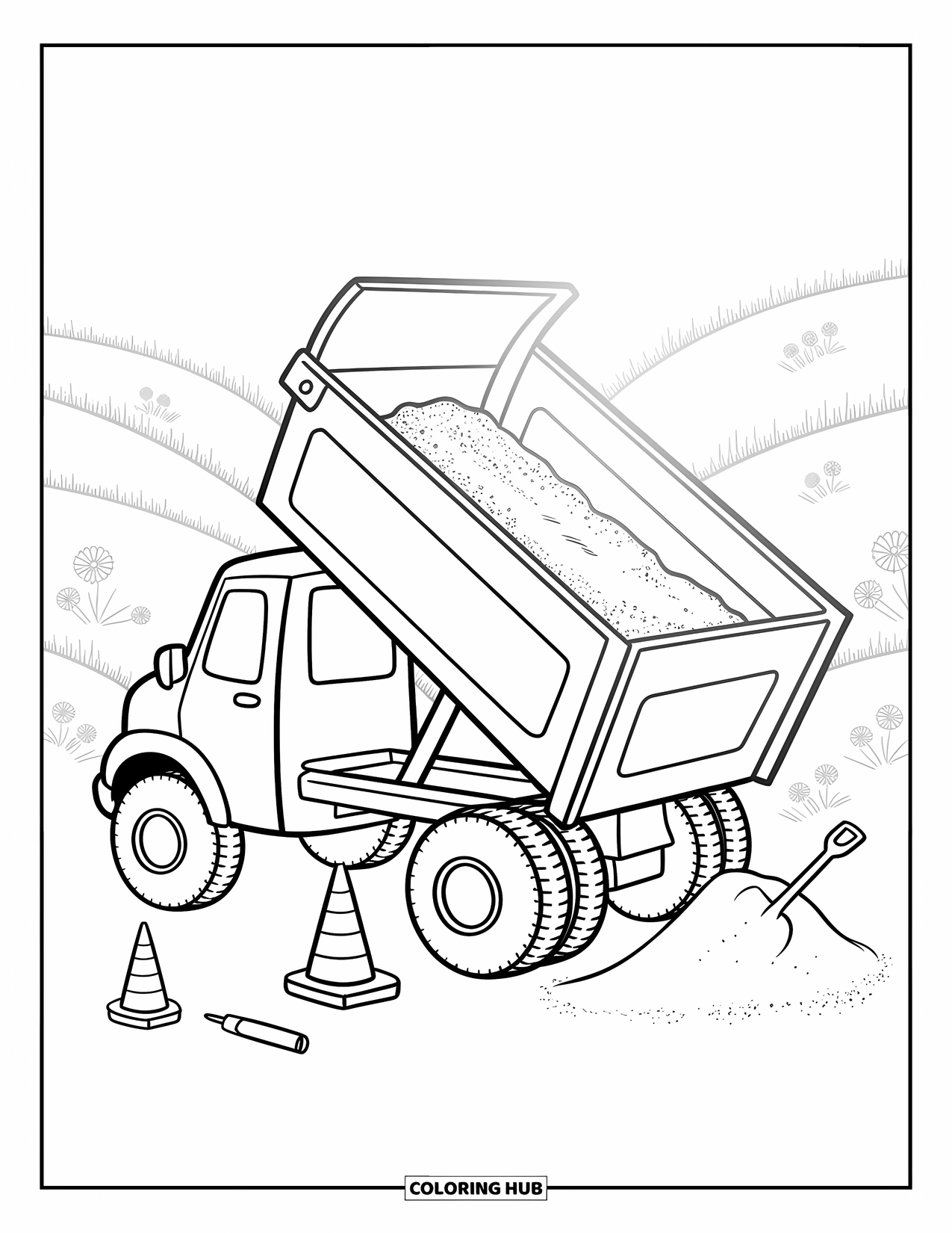 Construction Truck Coloring Page for Adults: A cute dump truck pours sand as cones and a shovel rest nearby