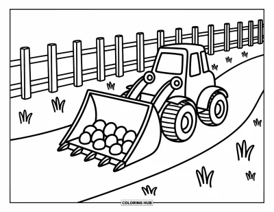 Tegning af byggekøretøjer til voksne: En glad bulldozer skubber sten langs en hyggelig landlig sti
